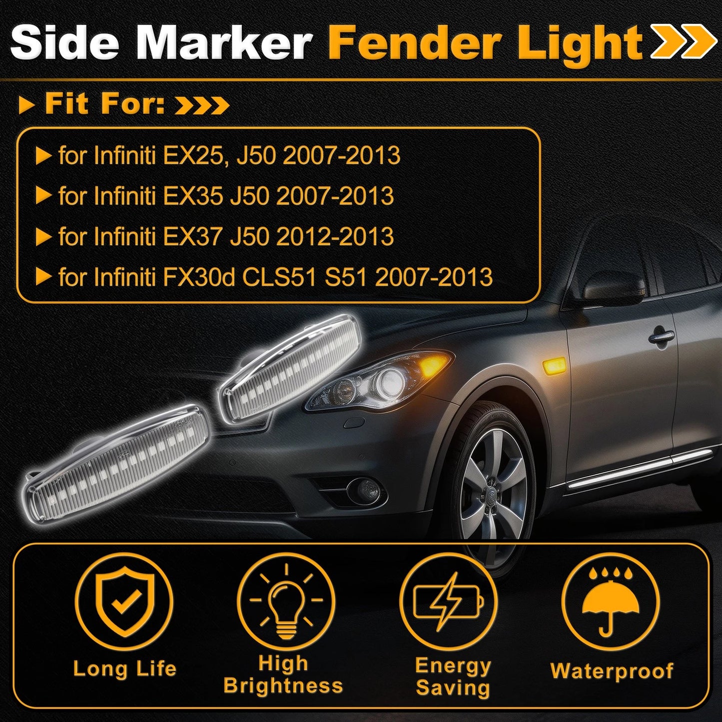 Dynamic Amber LED Side Marker Fender Light for Infiniti EX25 (2013–2013)