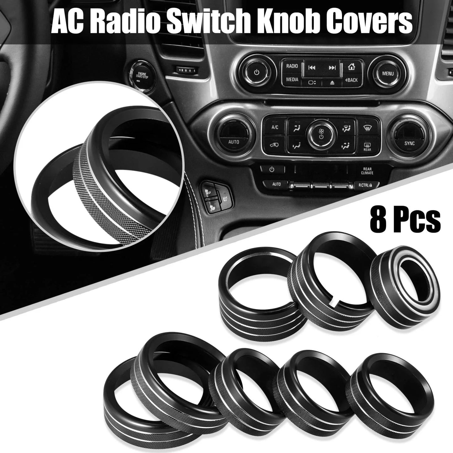 8 x Black AC Radio Switch Knob Covers for Chevy Silverado, GMC Sierra (2014-2018)