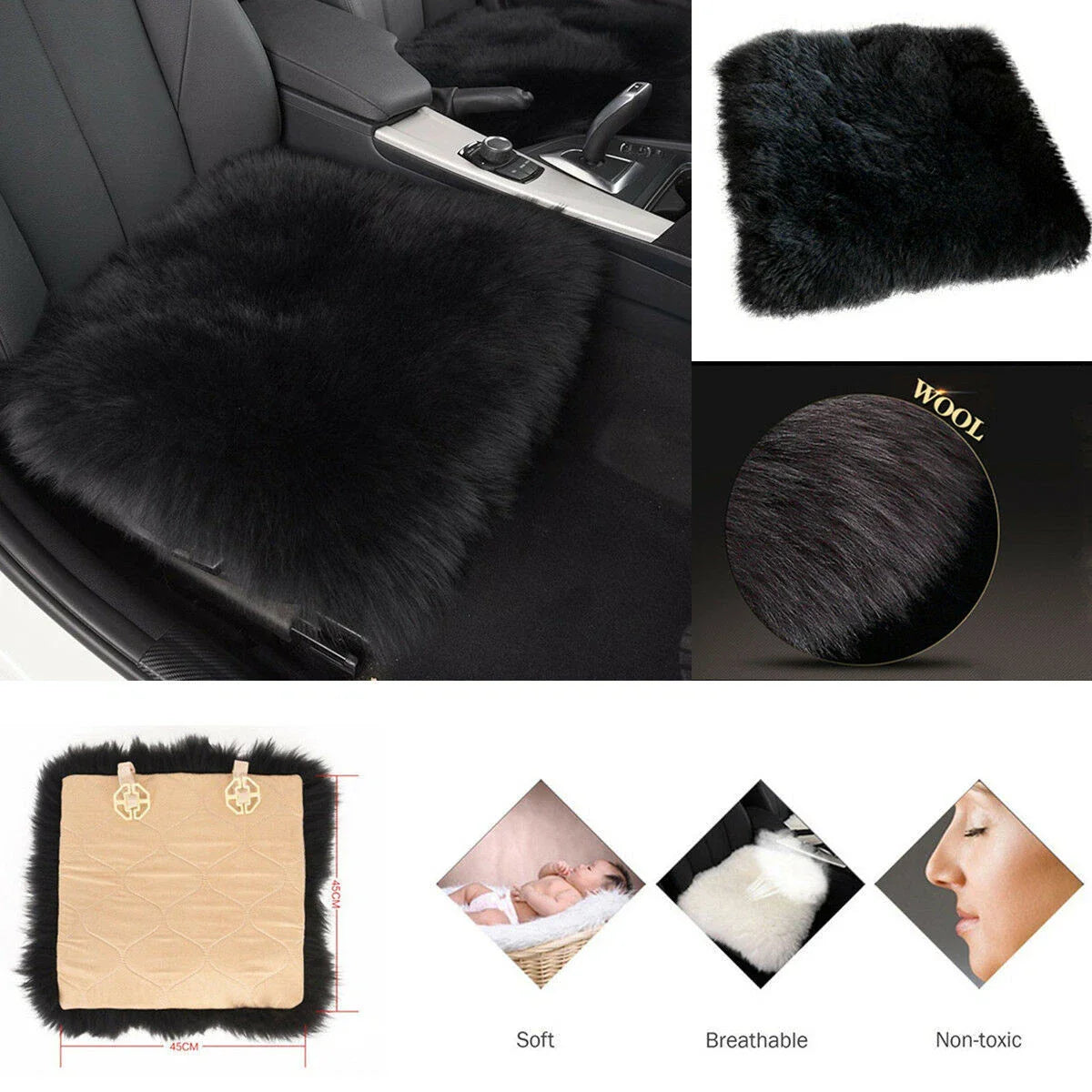 Genuine Sheepskin Black Car Seat Cover Cushion