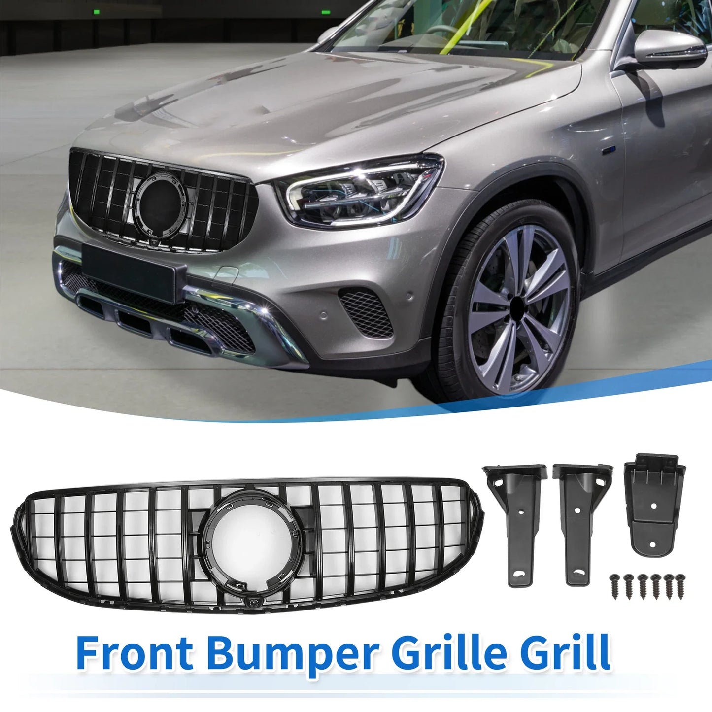 Front Upper Bumper Grille for Mercedes-Benz GLC300 2020-2021 Gloss Black