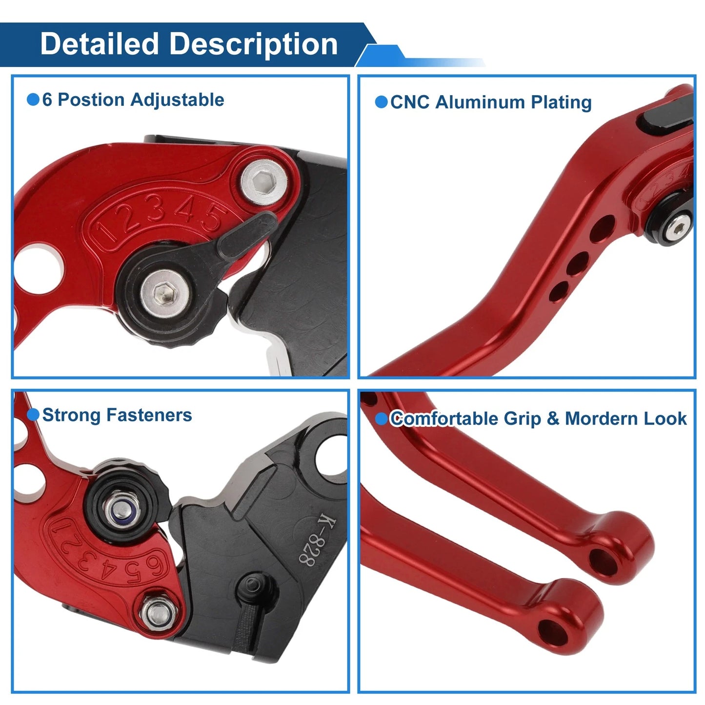 Adjustable Short Brake Clutch Lever for Kawasaki ZX6R/ZX636R/ZX6RR (2000–2004) Red