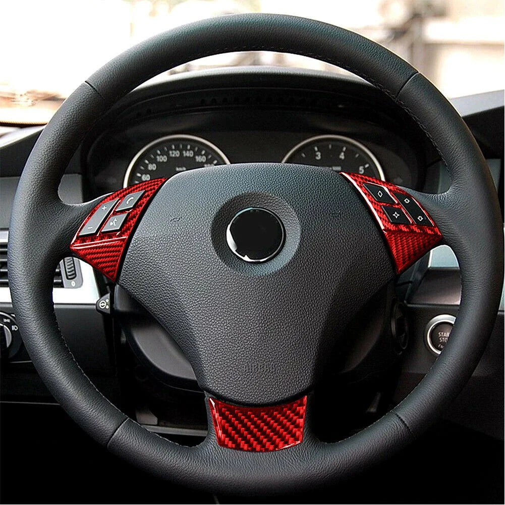 5 x Red Carbon Fiber Steering Wheel Knob Covers for BMW 5 Series E60 E61 (2004-2010)