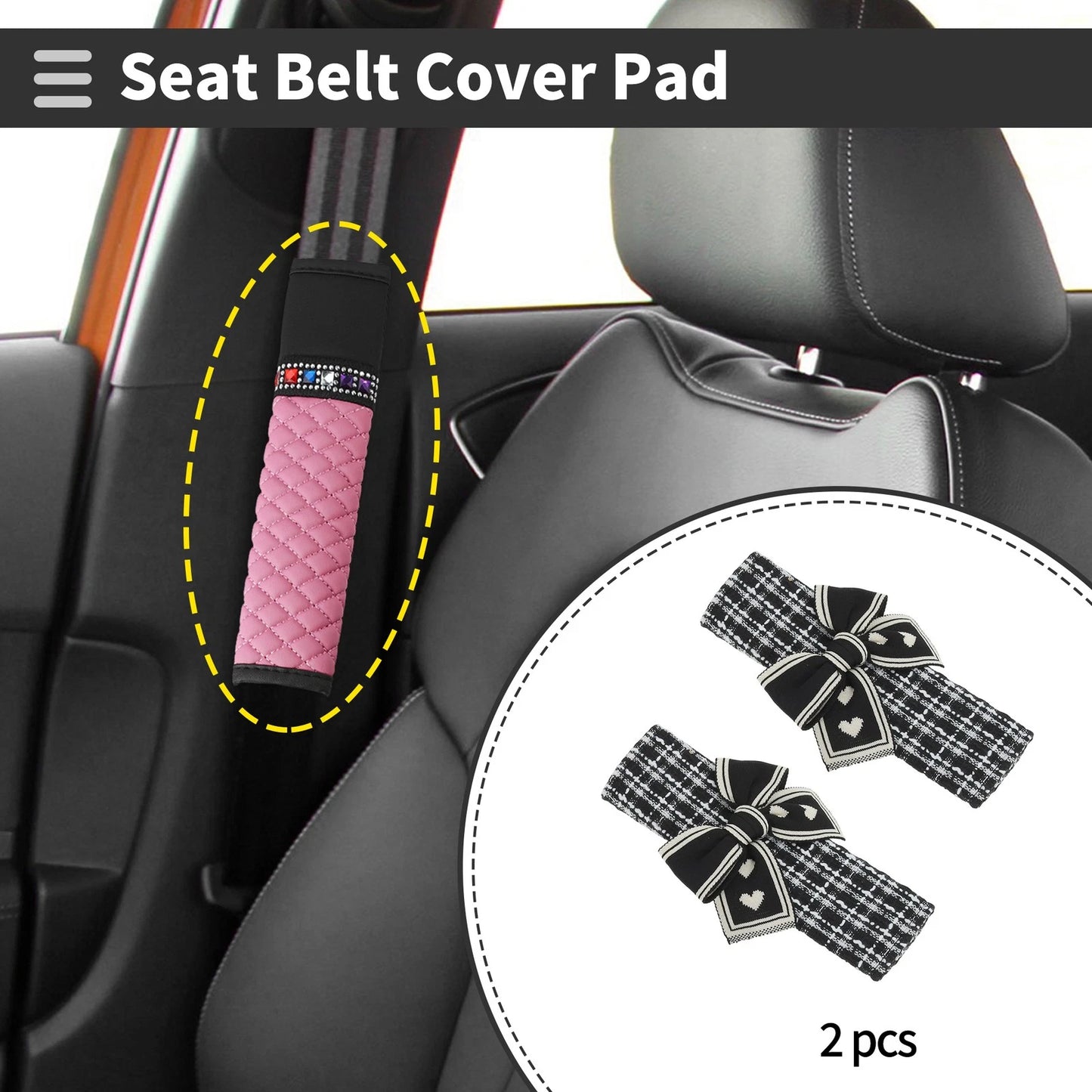 Set of 2 Black White Seat Belt Cover Pads for Universal Fit (23.5cm)