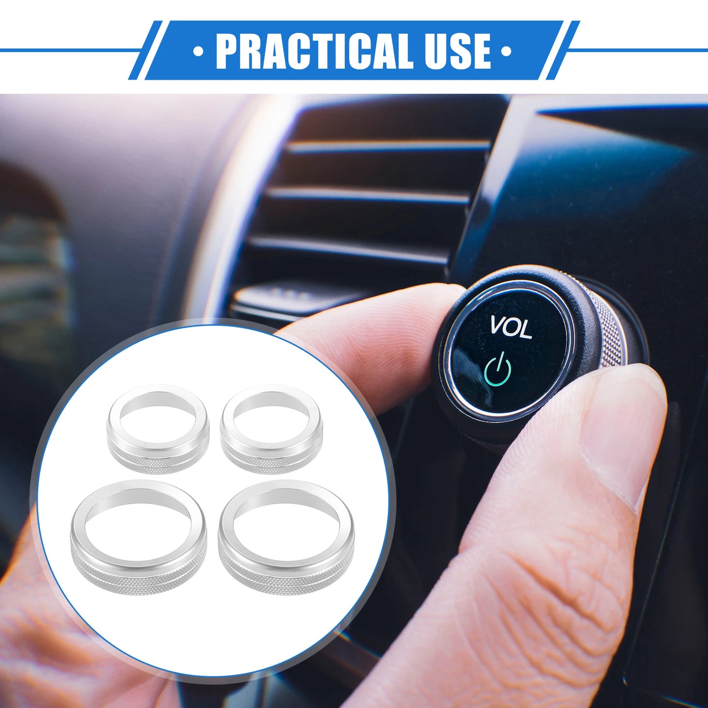Set of 4 AC Audio Volume Tune Switch Knob Ring Covers for Ford F150 (2021–2023) Silver Tone