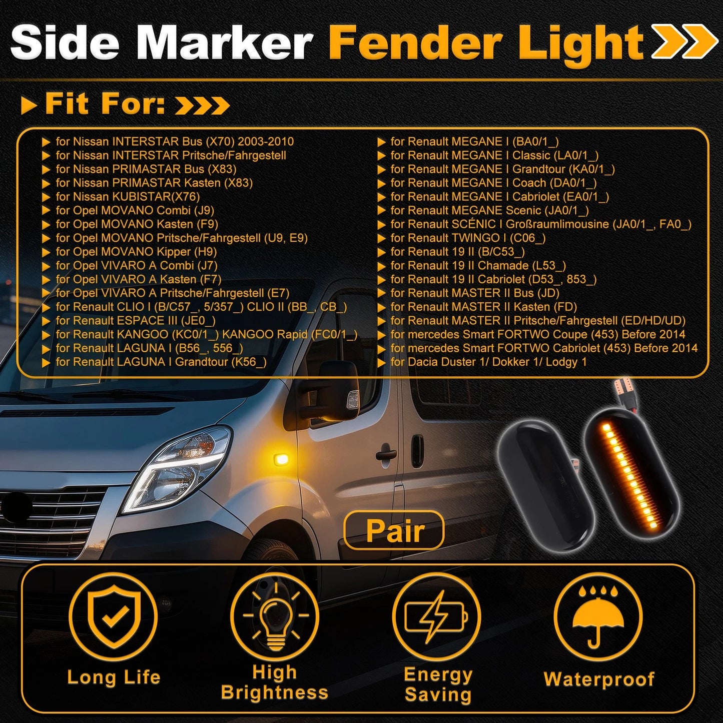 Side Marker Fender Light for Nissan Interstar Bus (2003–2010) Smoked Lens 1 Pair