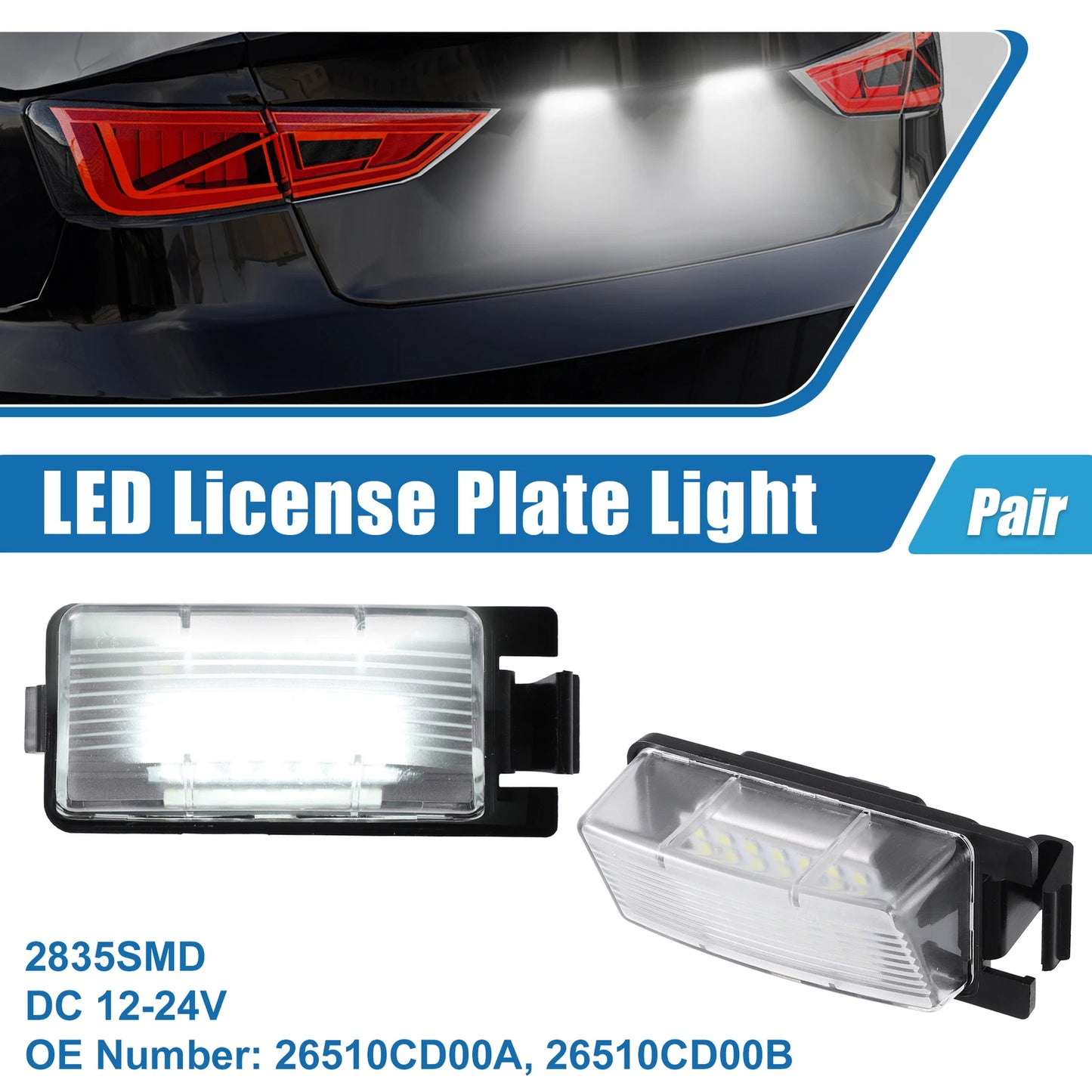 1 Pair White LED License Plate Light Assembly 26510CD00A 2835SMD for Nissan