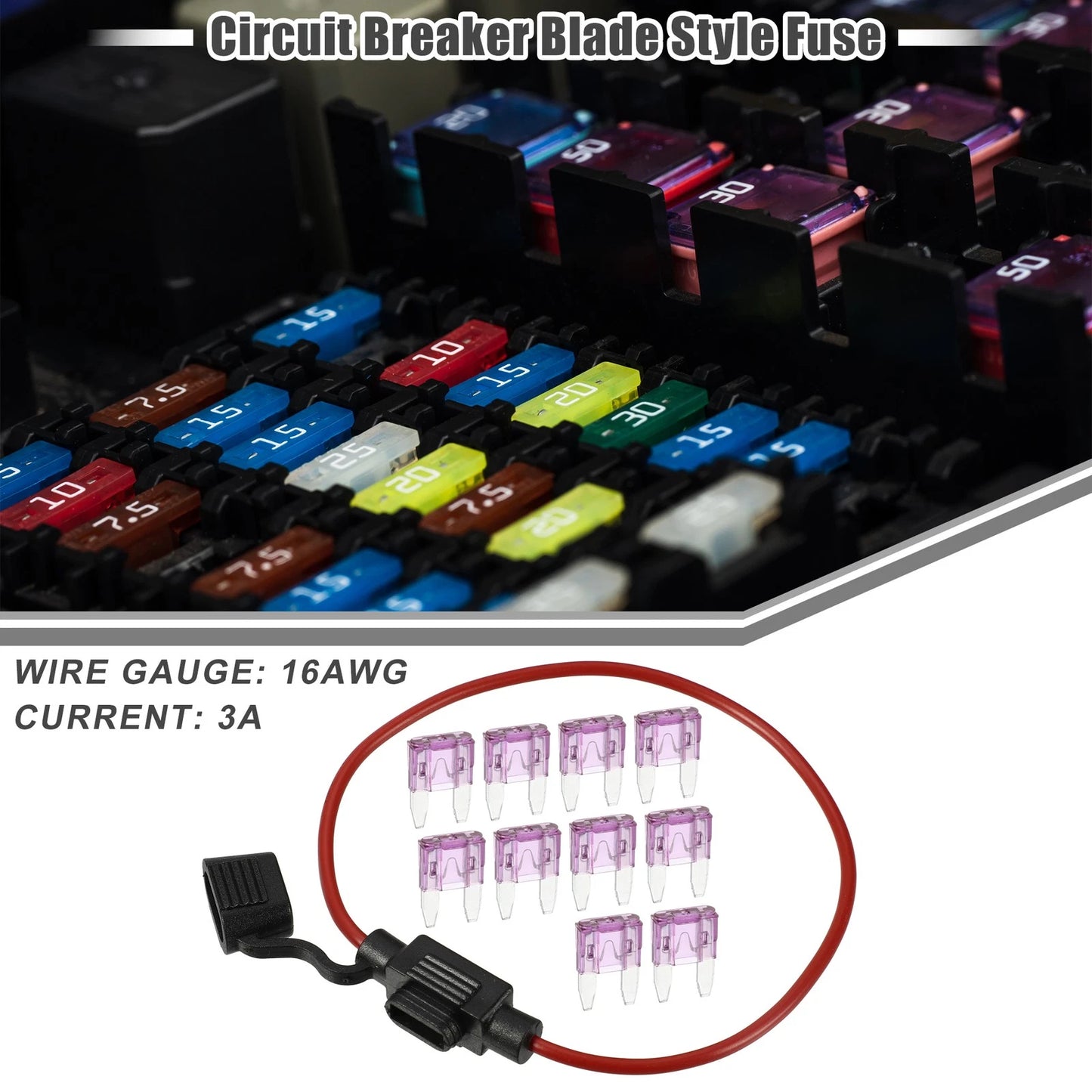 Set of 3 Mini Blade Style Fuses with 16 AWG Fuse Holder
