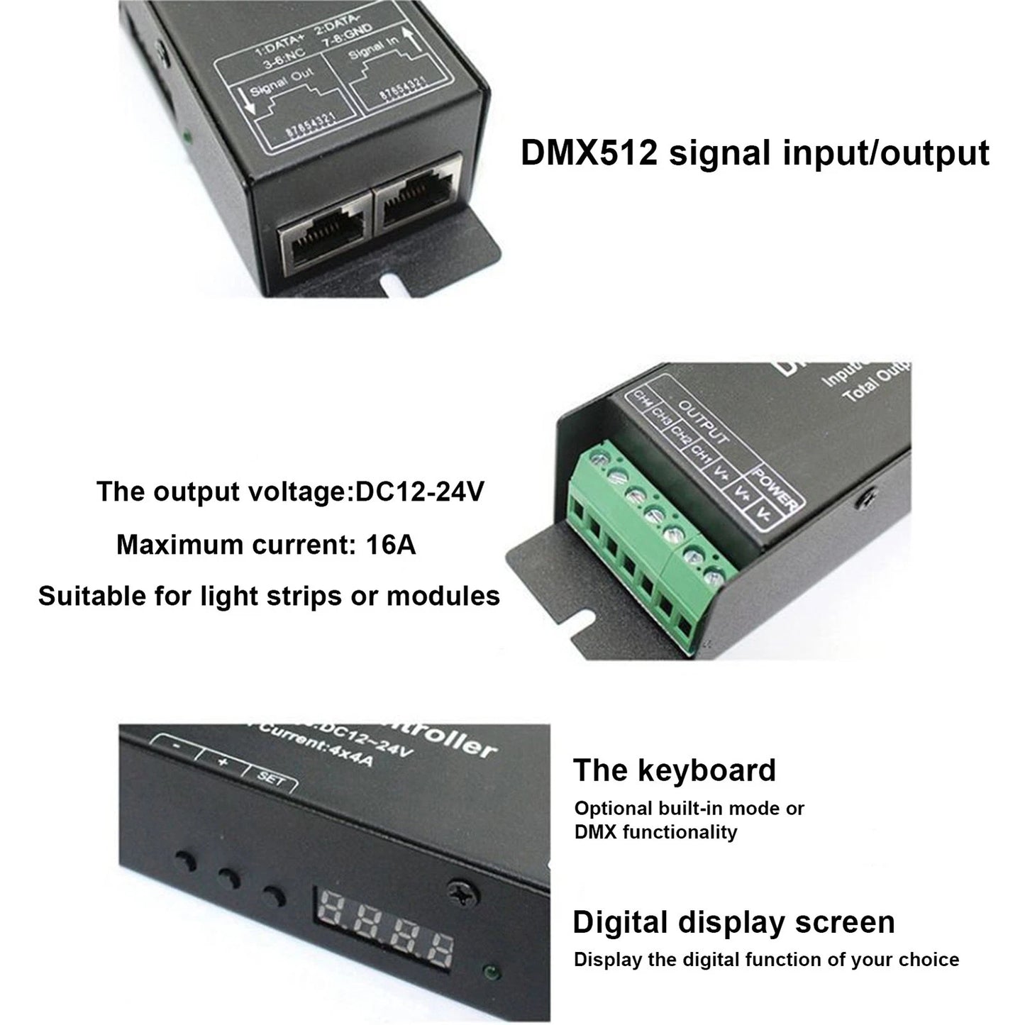 LED RGB DMX512 Decoder Controller DC12-24V 4X4A 16A 4 Channel