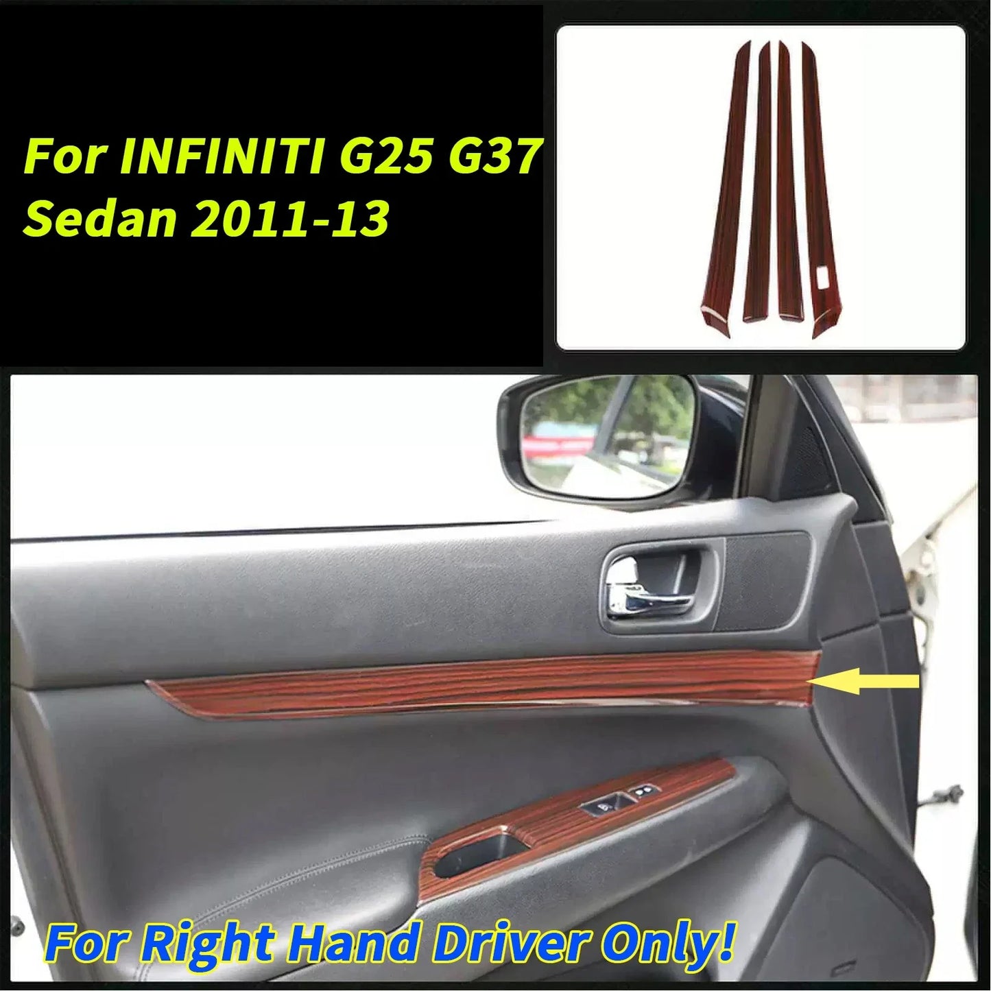 RHD Wood Grain Door Panel Cover for Infiniti G25 G35 G37 (2011–2013)