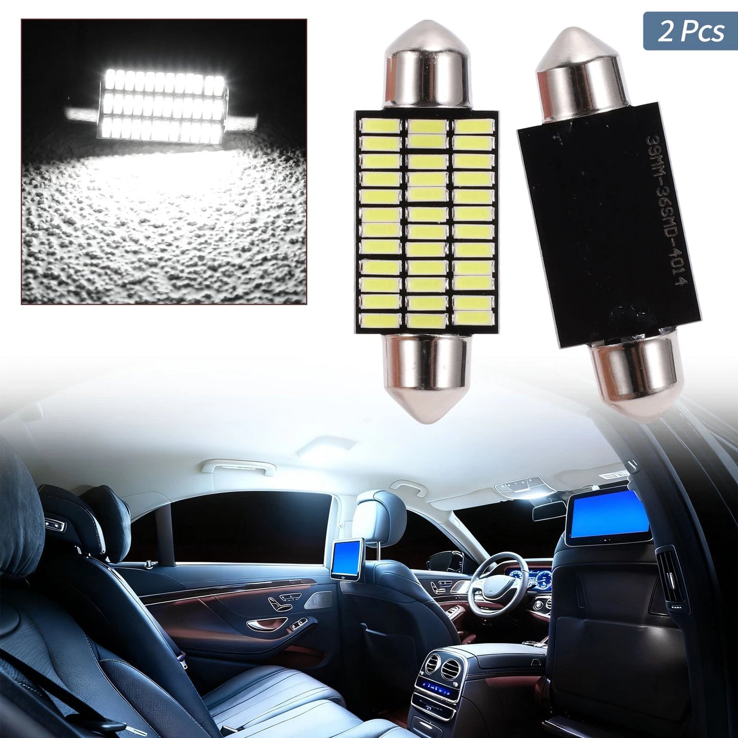 2X LED Dome Light Bulbs 4014 Chip 39mm