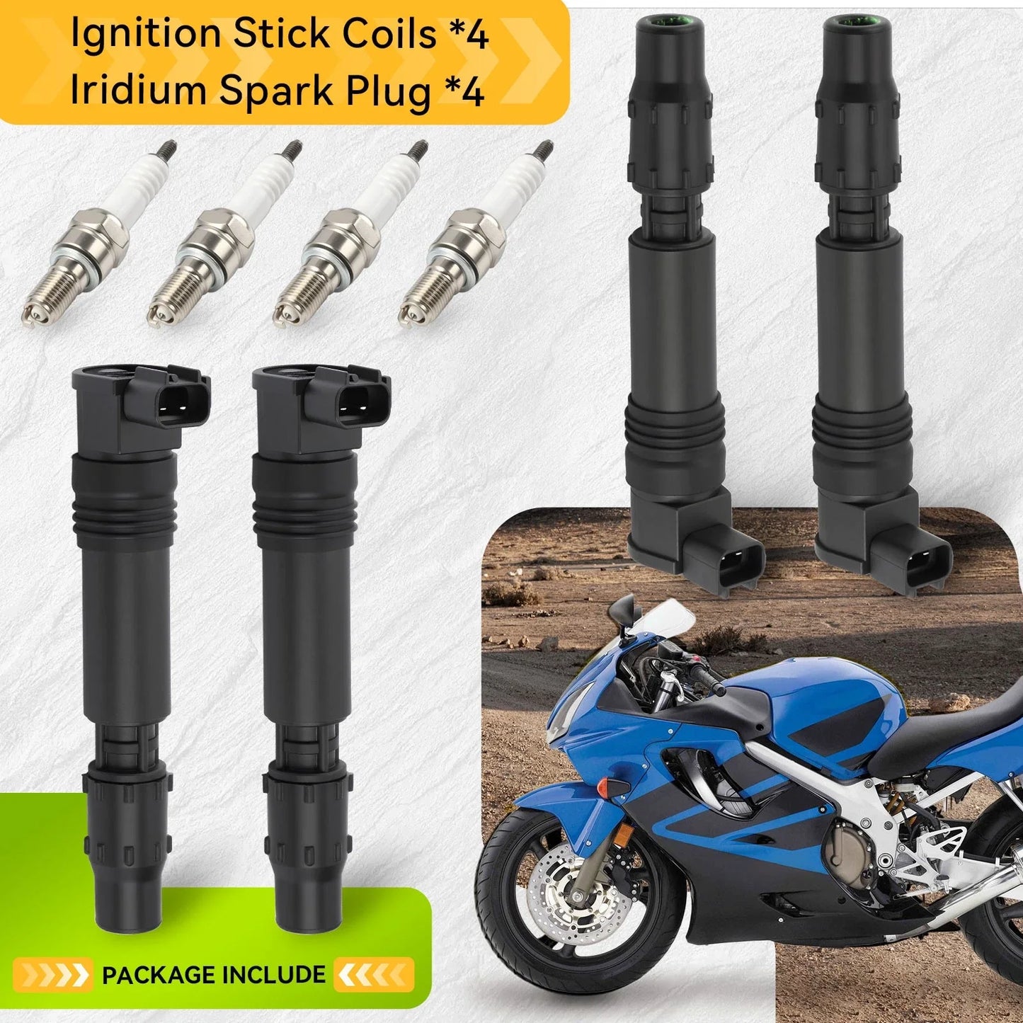 4 Pack Ignition Coils & Iridium Spark Plugs for Honda CBR954RR (2002–2003)