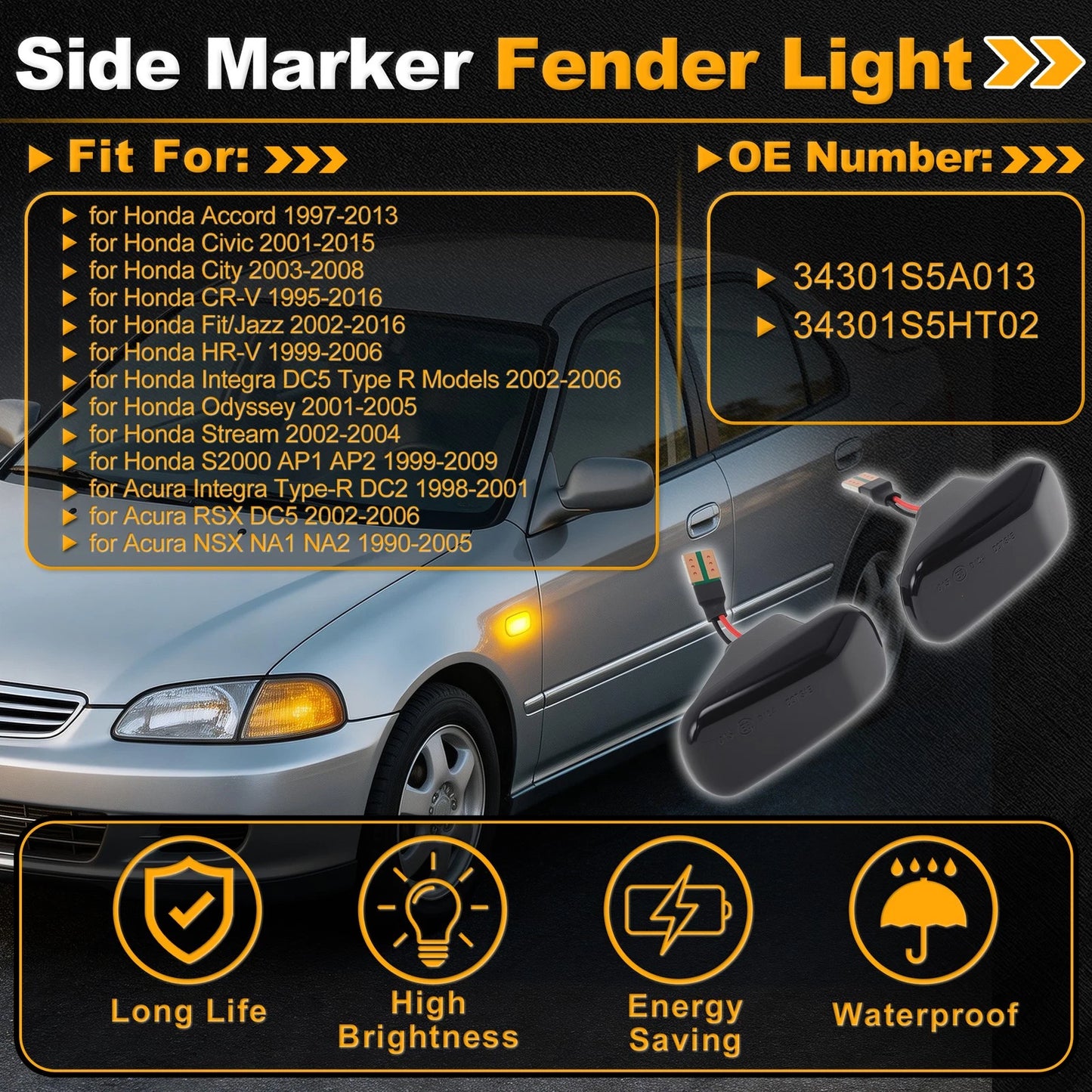 Side Marker Fender Light 34301S5A013 for Honda Accord (1997–2013) Smoked Black Lens
