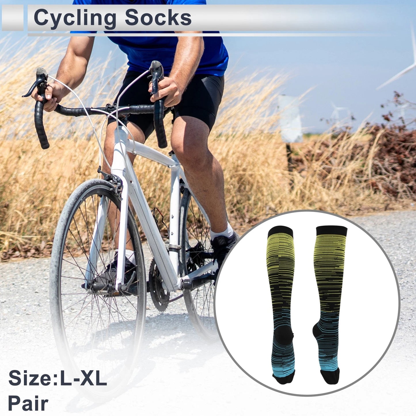 Cycling Socks for Cycling (L-XL) - Breathable High-Cut Bright Yellow Blue