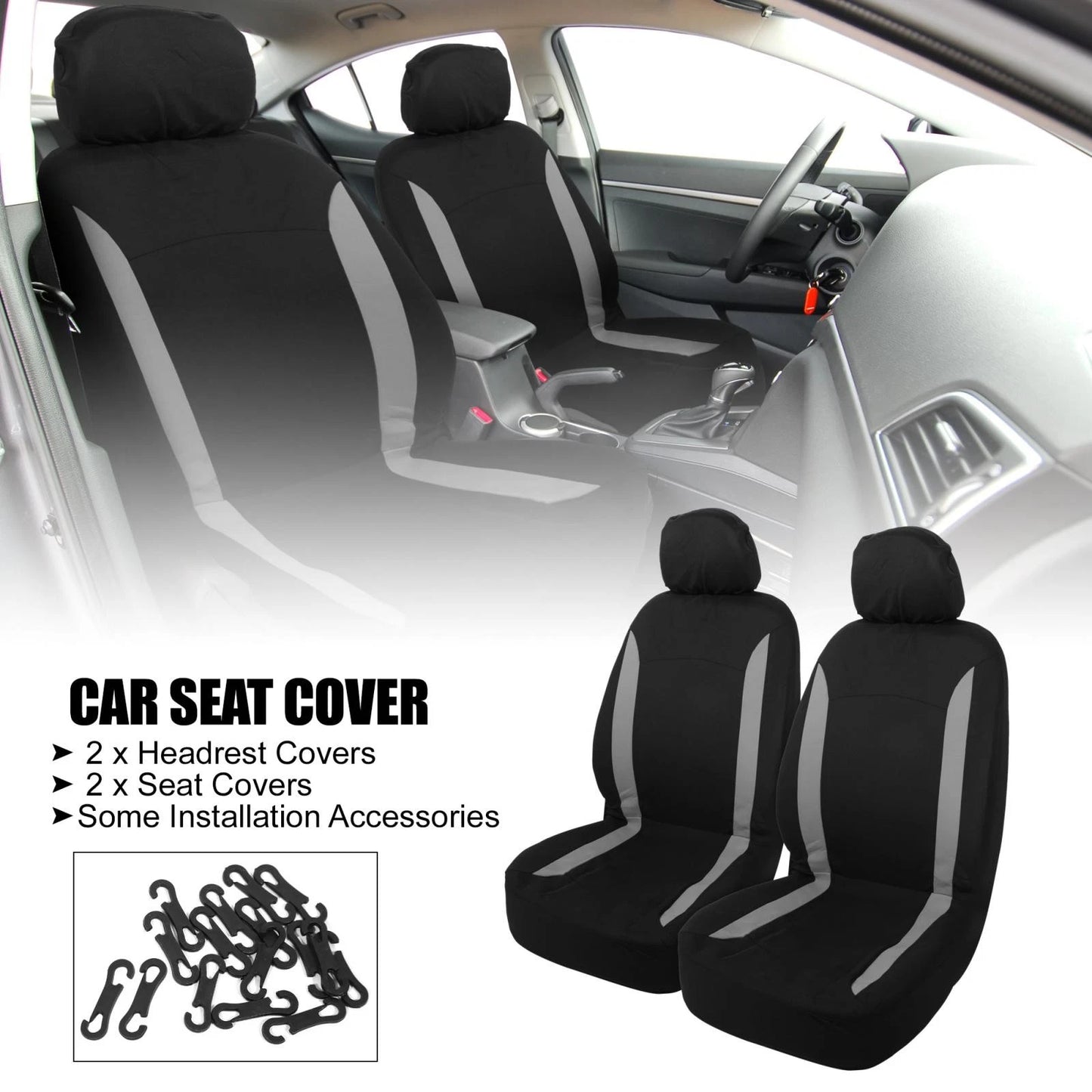 Set of 4 Universal Car Seat Covers with Headrest Covers - Gray Black