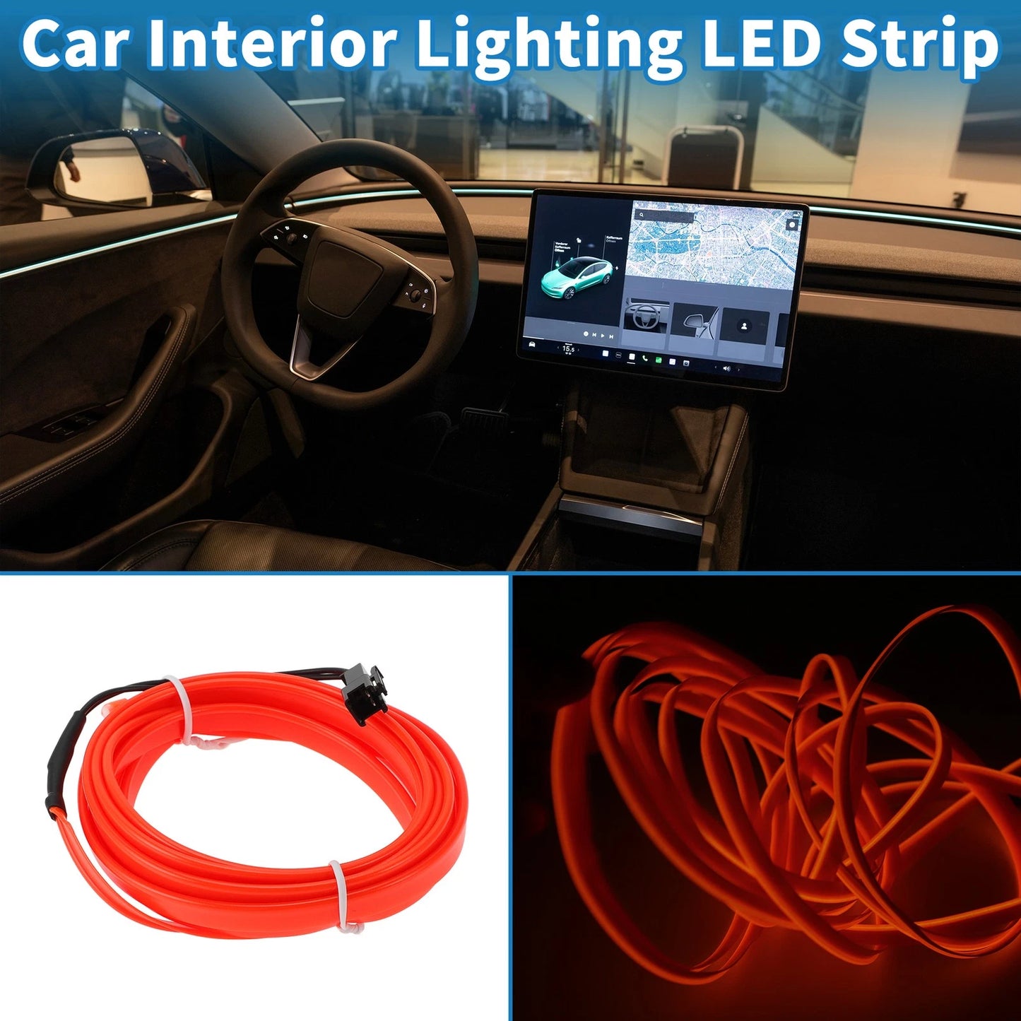 2m LED Strip Neon Wire Car Interior Decoration Lighting USB Red