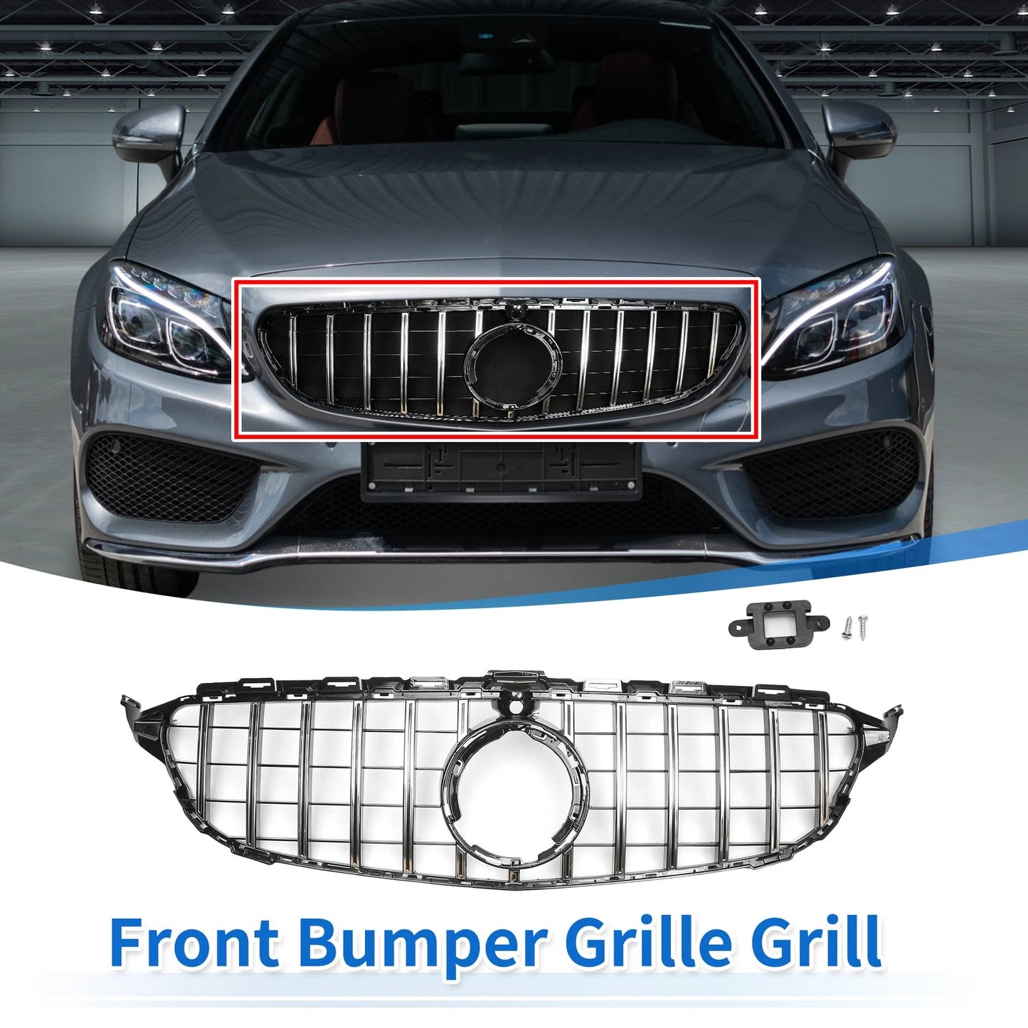 Front Upper Bumper Grille for Mercedes-Benz C180 (Chrome, Silver, Black)