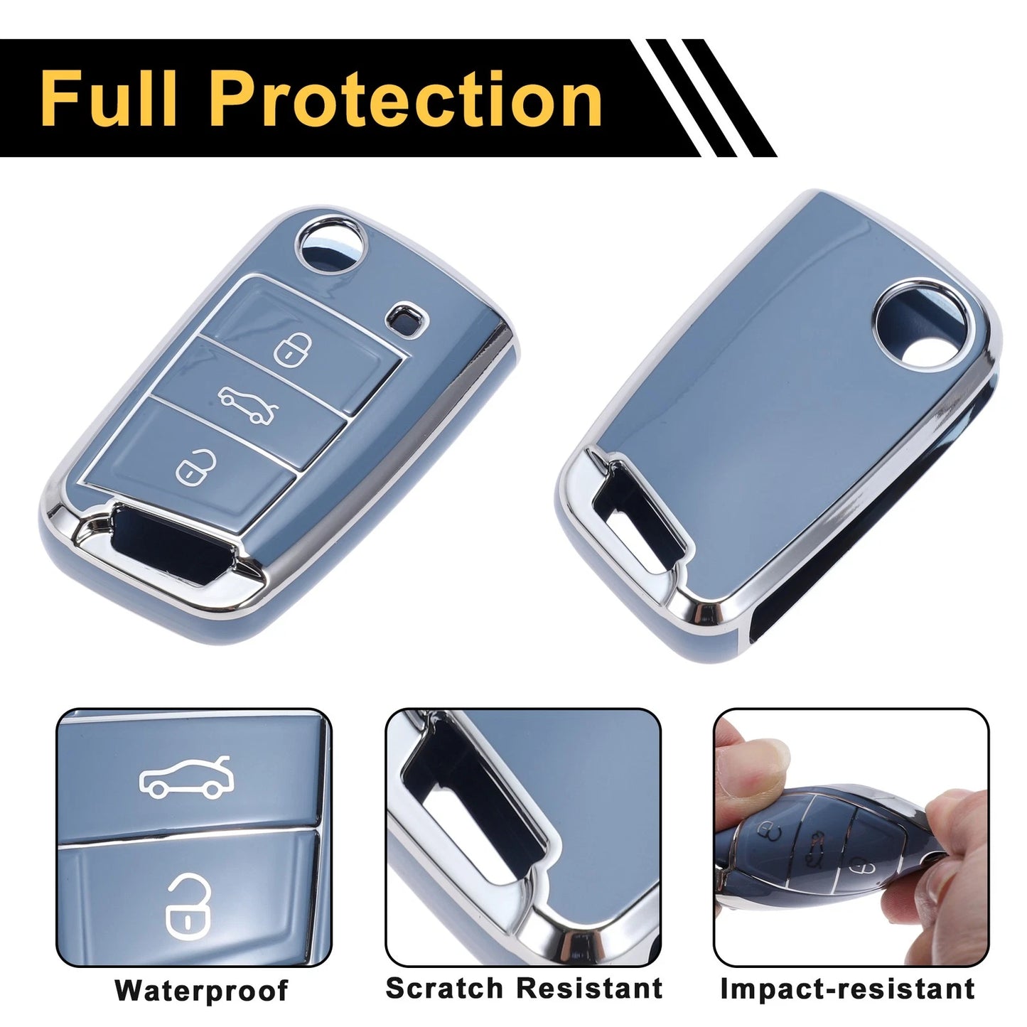 TPU Car Key Case for VW Golf 7 (2013–2020) - Gray Silver Tone, 3 Buttons
