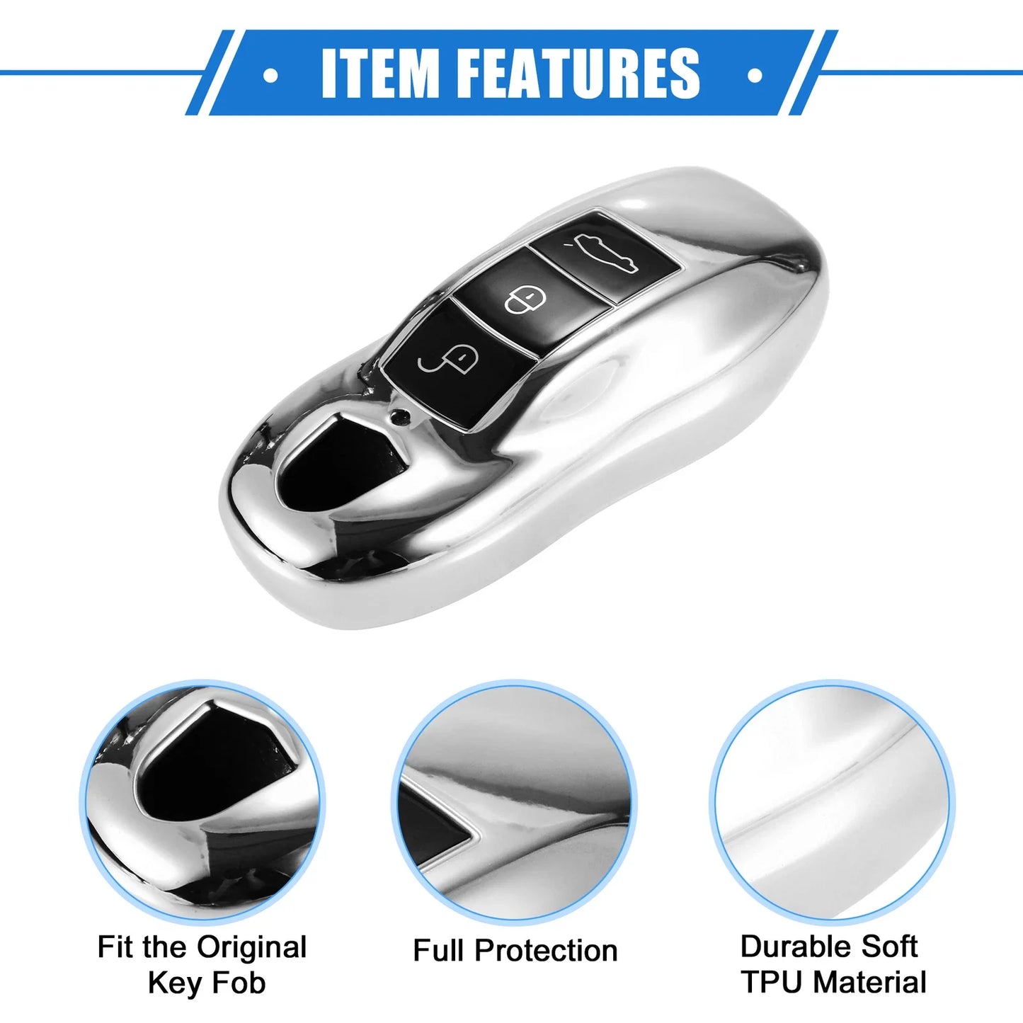3 x Button Car Remote Key Fob Cover for Porsche Macan (2014-2022) TPU Silver Tone