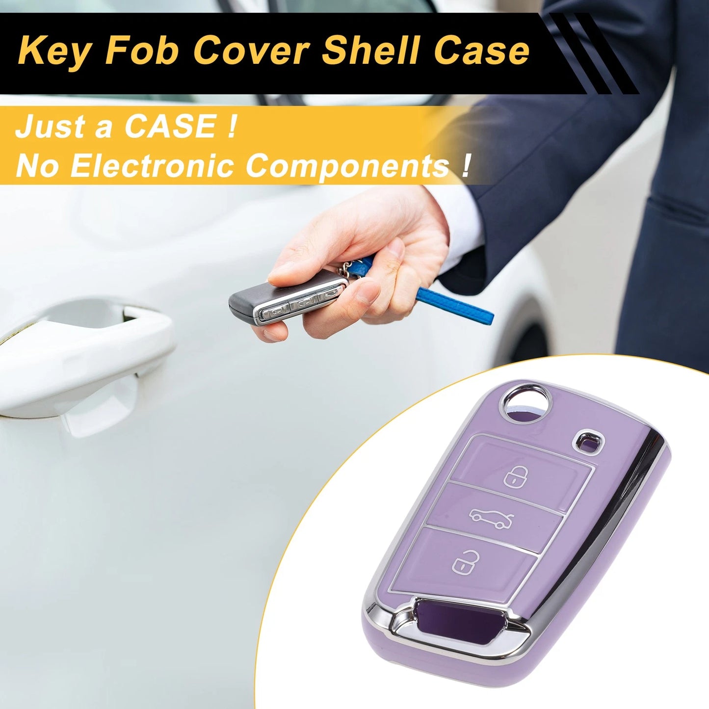 TPU Car Key Case for VW Golf 7 (2013–2020) - 3 Buttons, Purple Silver Tone