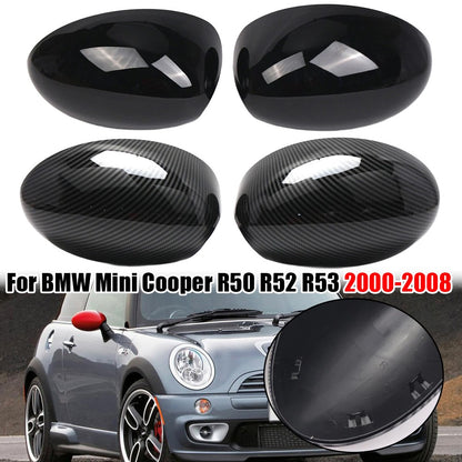 Set of 2 Black Carbon Clip-on Mirror Cover Caps for BMW Mini Cooper (2000–2008)