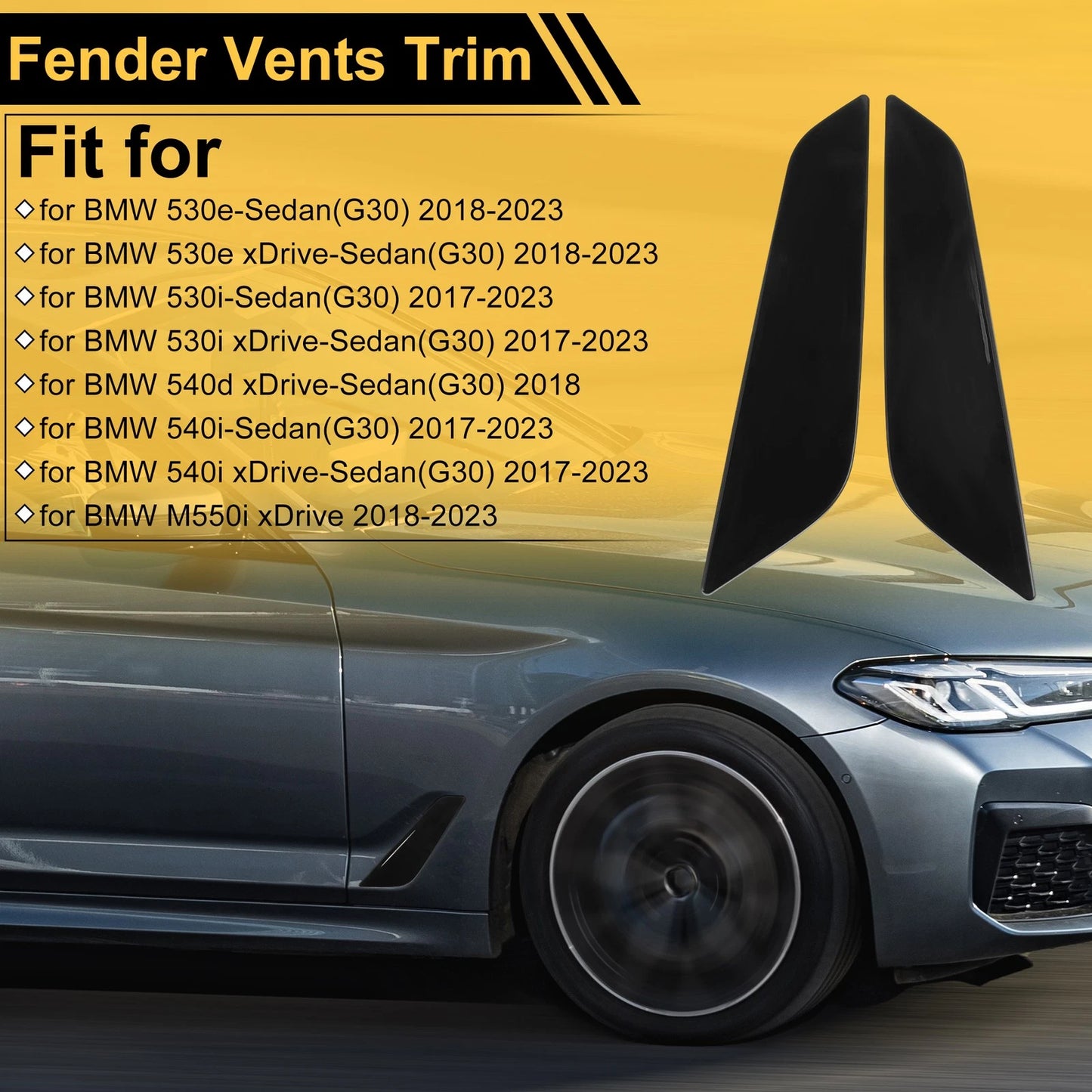 Set of 2 Air Flow Fender Vent Cover Trim for BMW 530e Sedan (2018–2023) Glossy Black