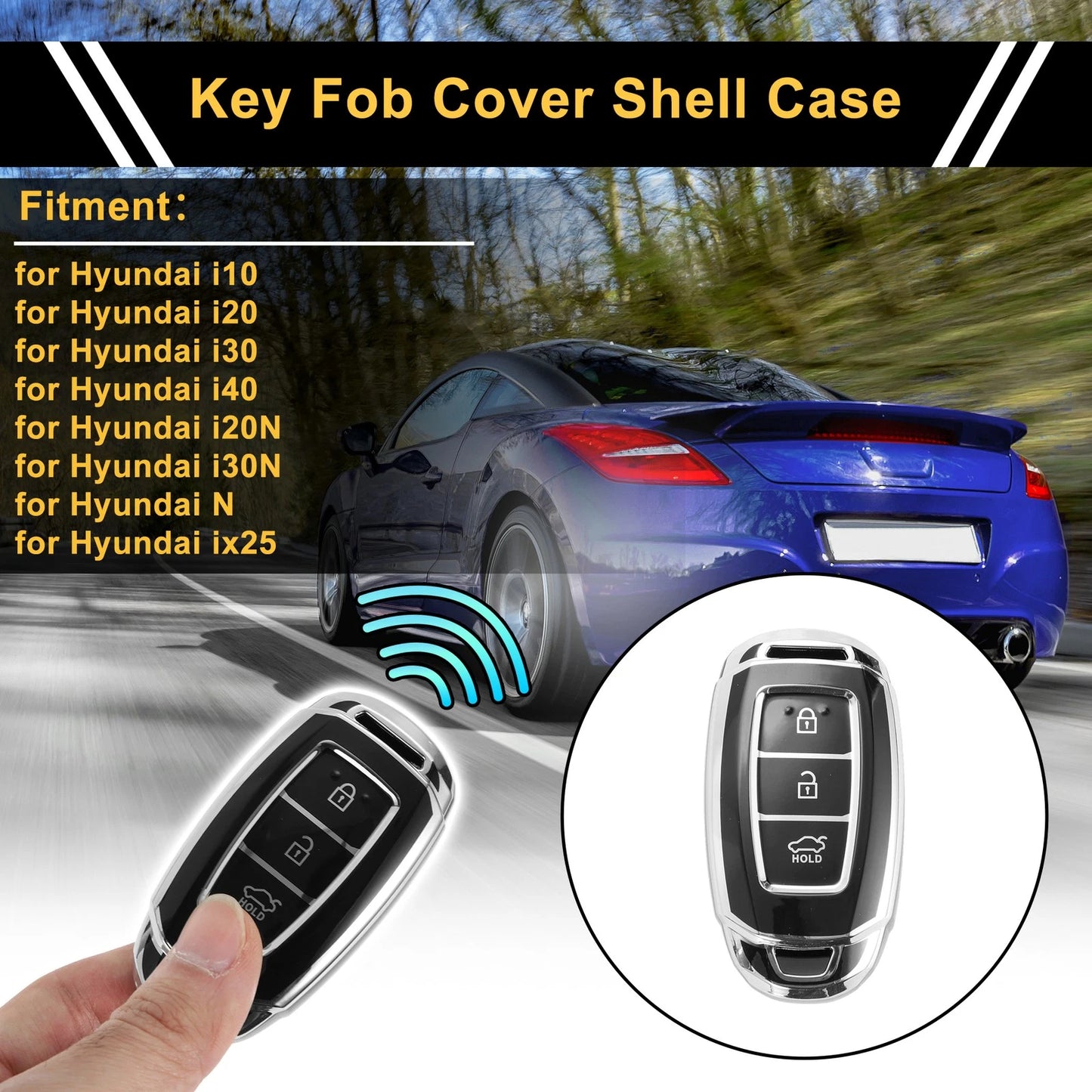 TPU Silicone Car Key Case for Hyundai i10 (2010–2023) - Black/Silver Edge