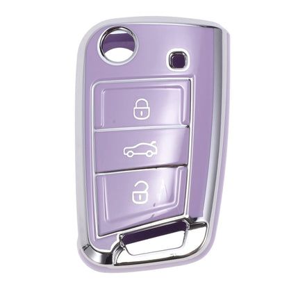 TPU Car Key Case for VW Golf 7 (2013–2020) - 3 Buttons, Purple Silver Tone