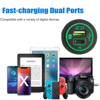 Charger Outlet / 12V 24V / Dual Port LED Type C USB QC3.0 PD for Car ATV RV