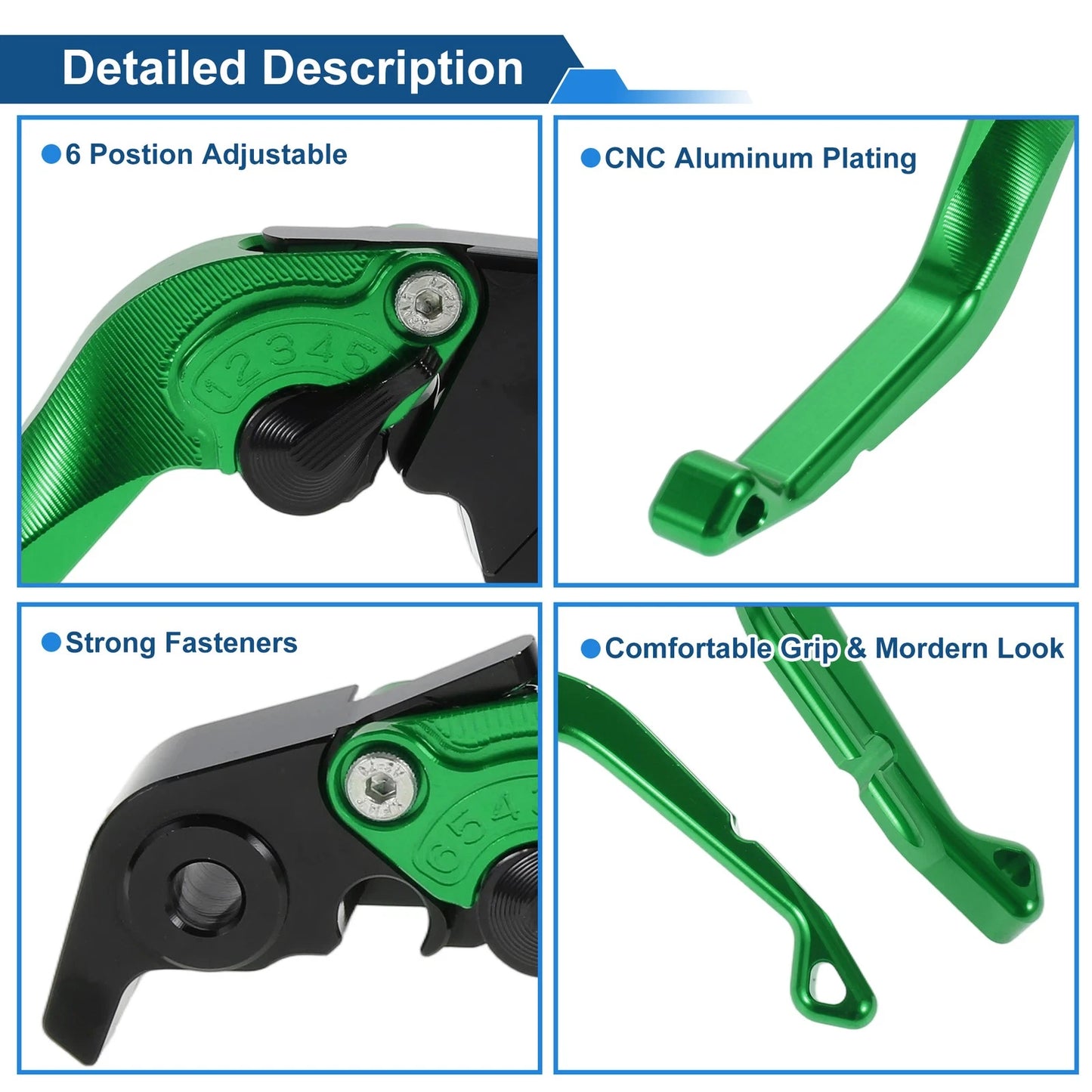 Short Brake Clutch Levers for Kawasaki Ninja ZX10R (2015–2024) Solid Green 1 Pair