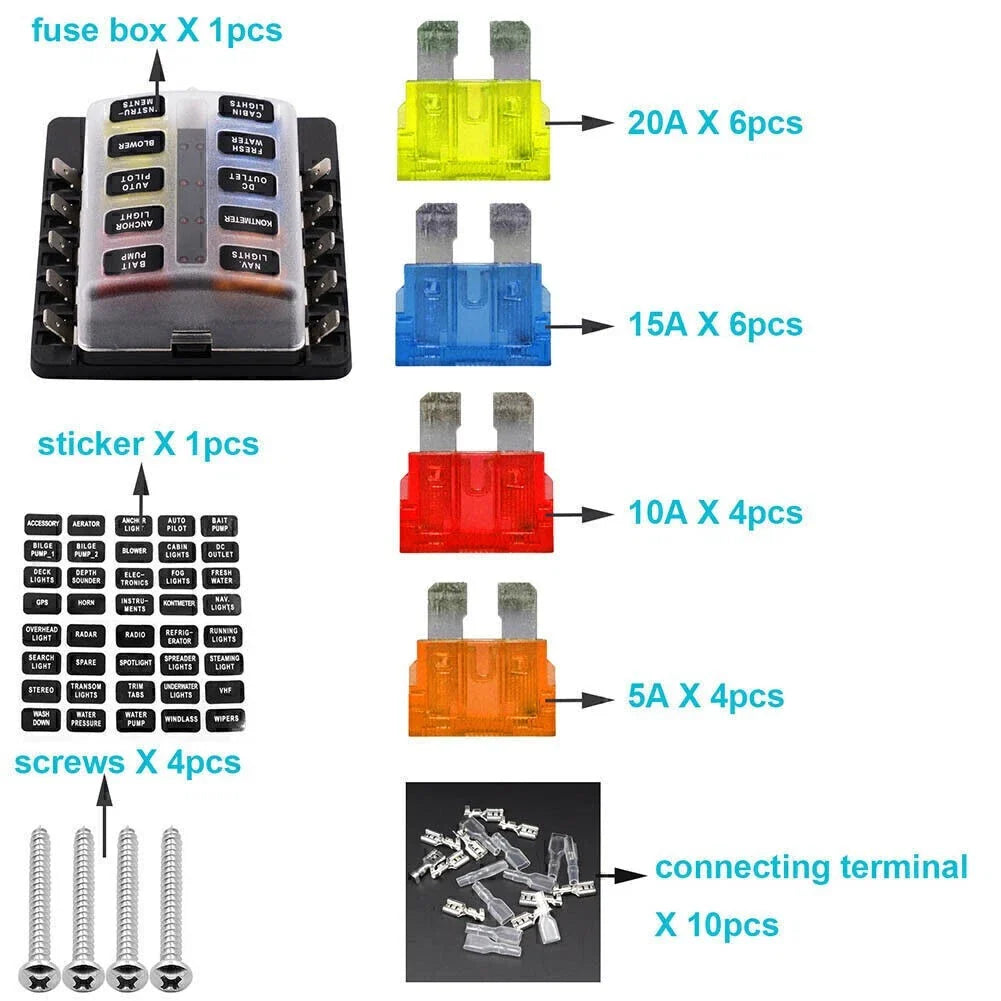 10 Way Circuit ATO ATC Blade LED Fuse Box Block Holder for Car