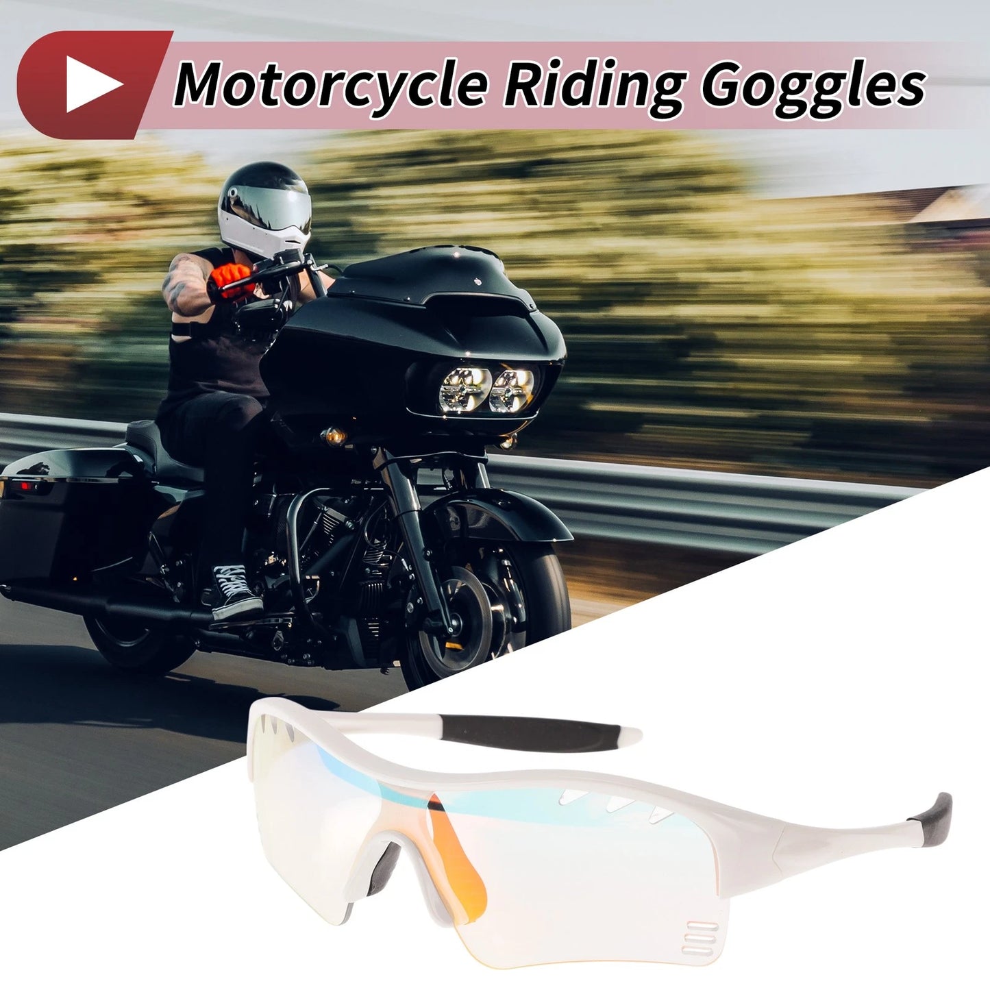 Motorcycle Riding Goggles for Various Models (Light Red Lens, White Frame)