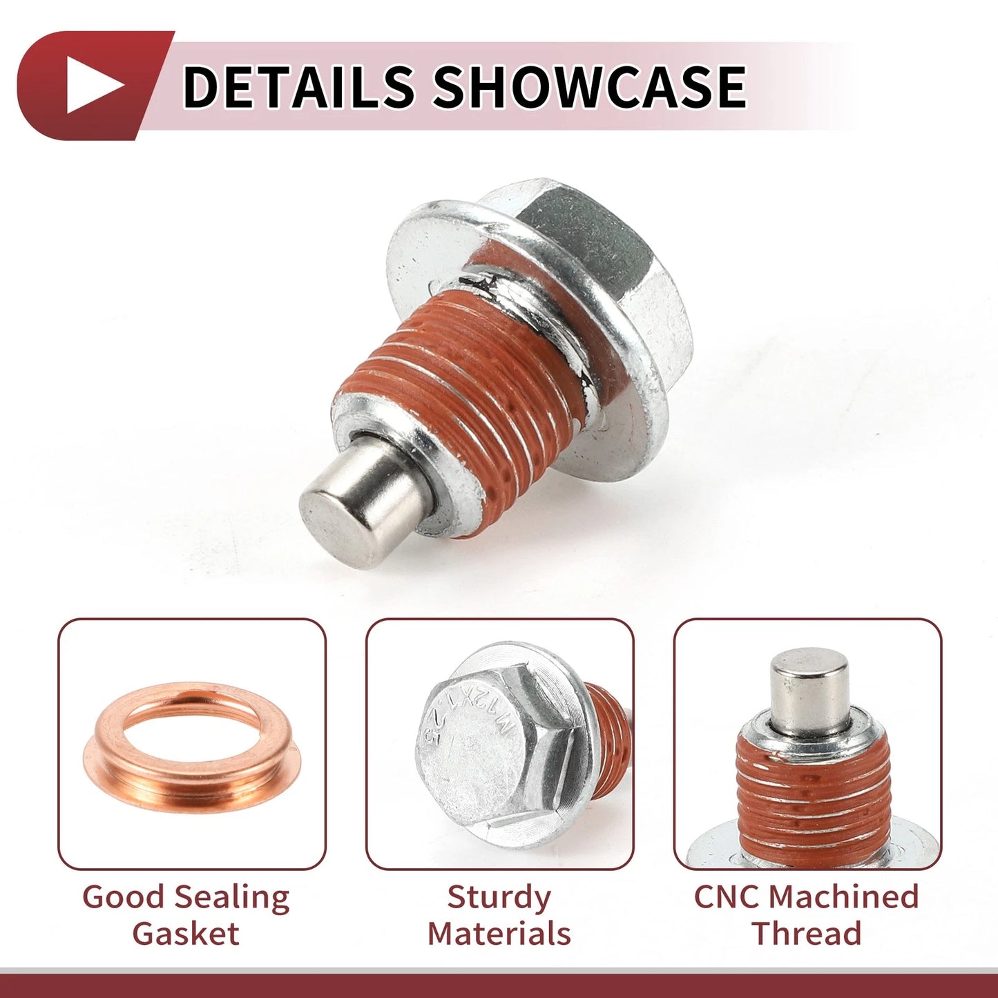 Set of 1 Metal Oil Drain Plug for Nissan Infiniti (No. 1102601M02) Red Silver Tone