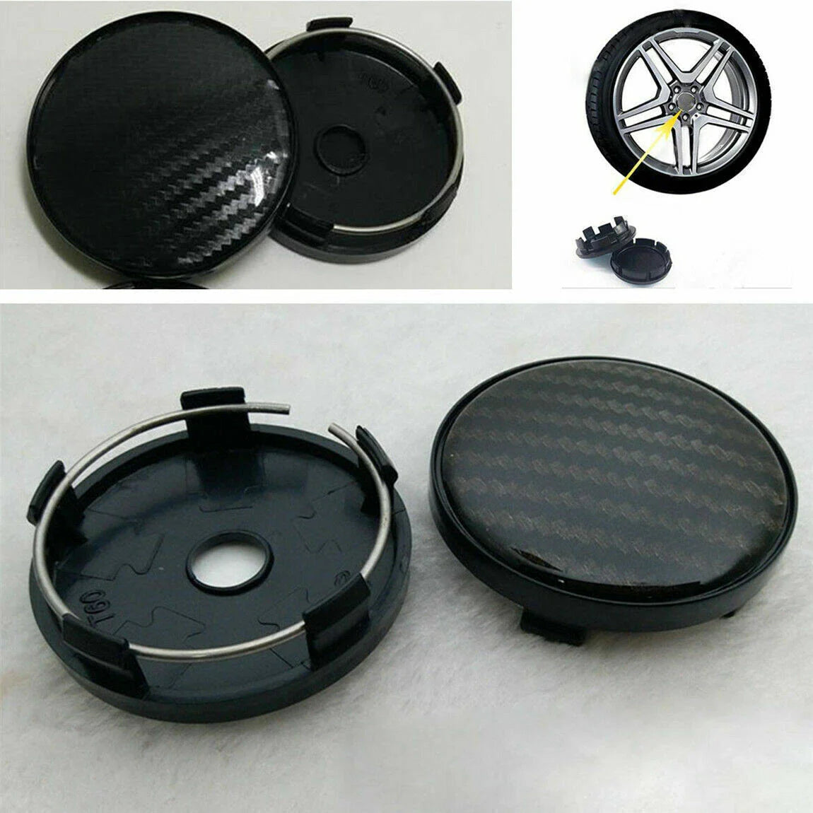 4 x Black Carbon Fiber Look Wheel Hub Center Caps Covers 60MM for Auto Car