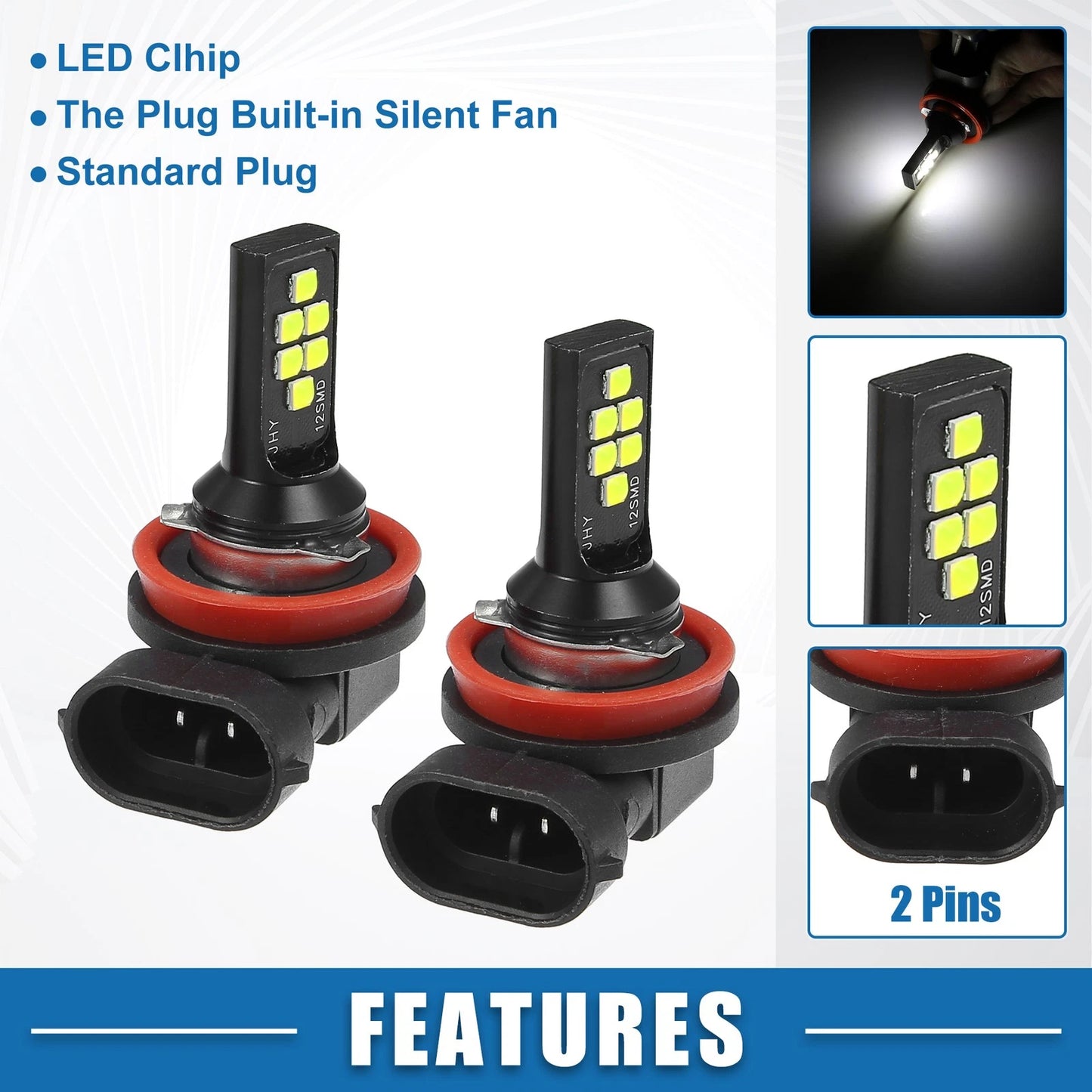 Pair H8/H11 Fog Light Bulbs 1200 Lumens 3030 Chips for Car