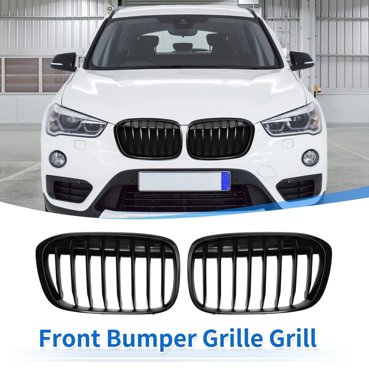 1 Pair Front Upper Bumper Grille for BMW X1 F48 (2016–2022) Gloss Black