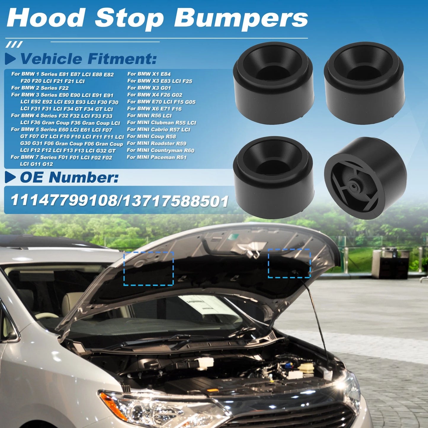 Set of 4 Hood Bump Stop Rubber Bumper Cushions for BMW 1 Series (E81 E87) 11147799108