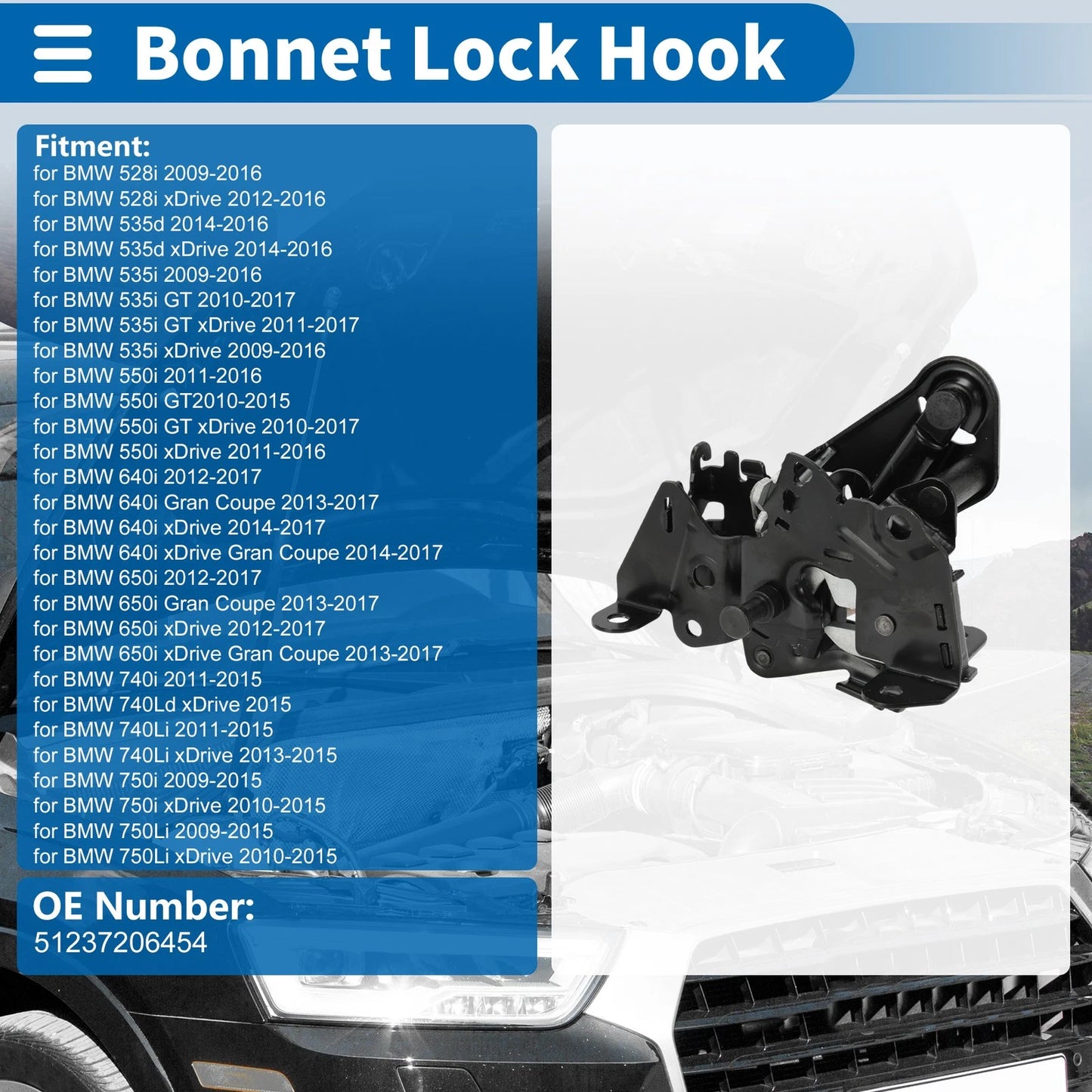 Hood Latch Assembly for BMW 528i (2011–2016) No. 51237206454