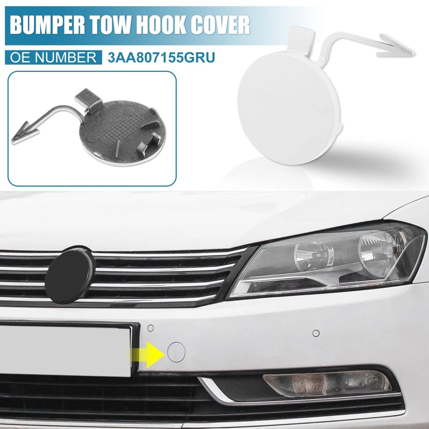 White Front Bumper Tow Hook Cover 3AA807155GRU for Volkswagen Passat (2010–2015)