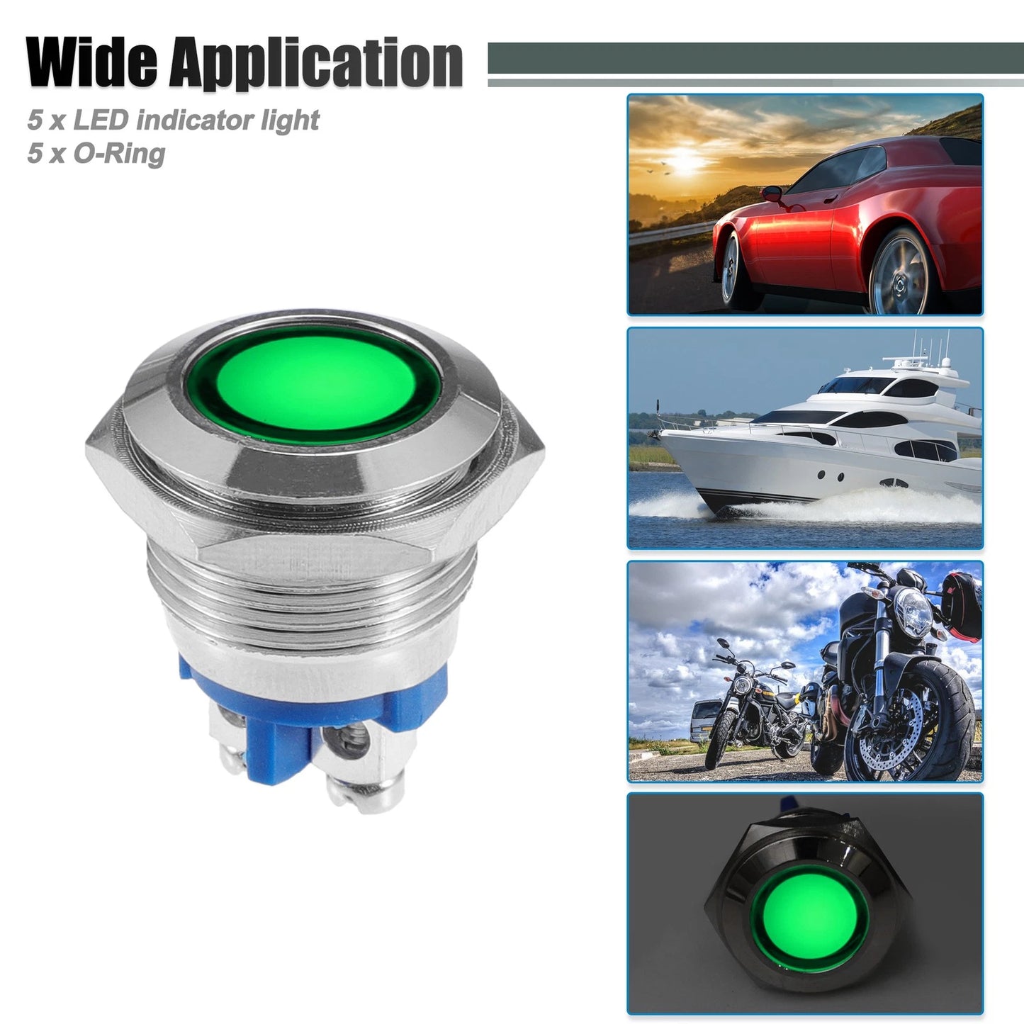 5pcs LED Indicator Light for Car (16mm, Waterproof, Green)