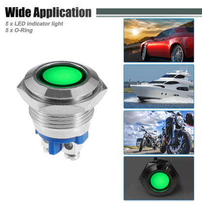 5pcs LED Indicator Light for Car (16mm, Waterproof, Green)
