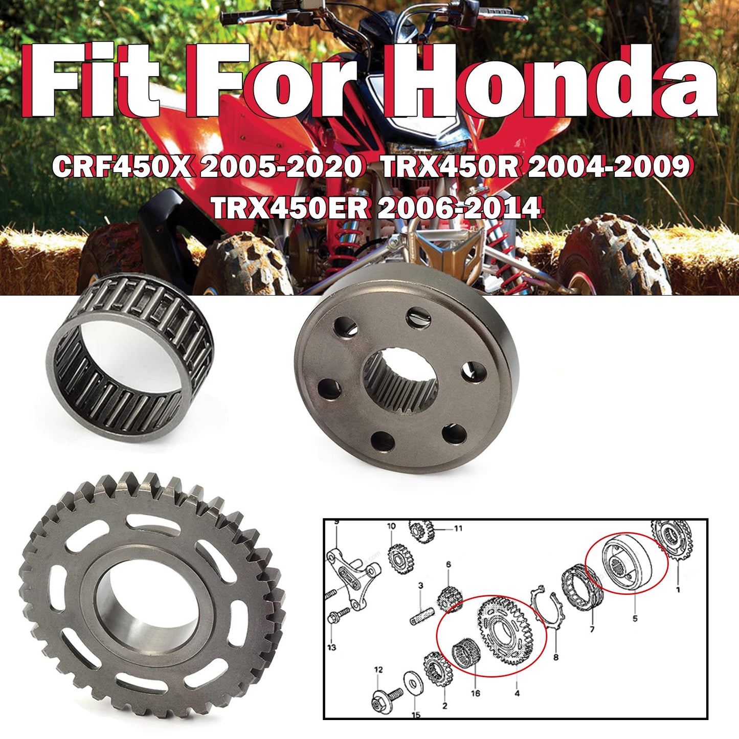 One-Way Starter Clutch Gear Bearing Kit for Honda CRF450X TRX450ER (2005–2019)