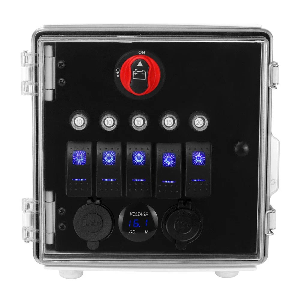 5 Gang Rocker Switch Box w/ Waterproof Cover & USB Charger for Car - 79 Characters