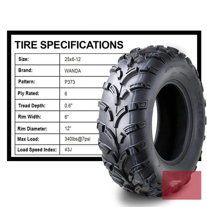 25x8-12 WANDA Front Tire for ATV, Mower, Buggy, Go Kart