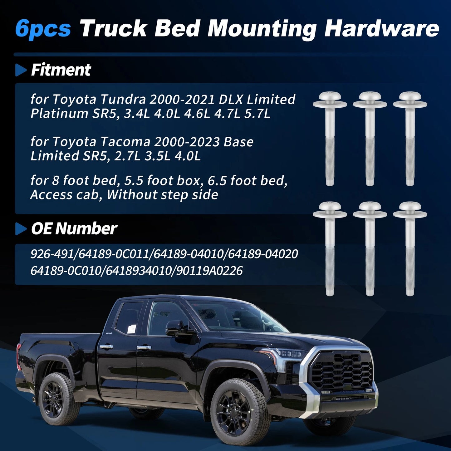 Set of 6 Truck Bed Mounting Hardware Bolts for Toyota Tundra Tacoma (2000–2021)