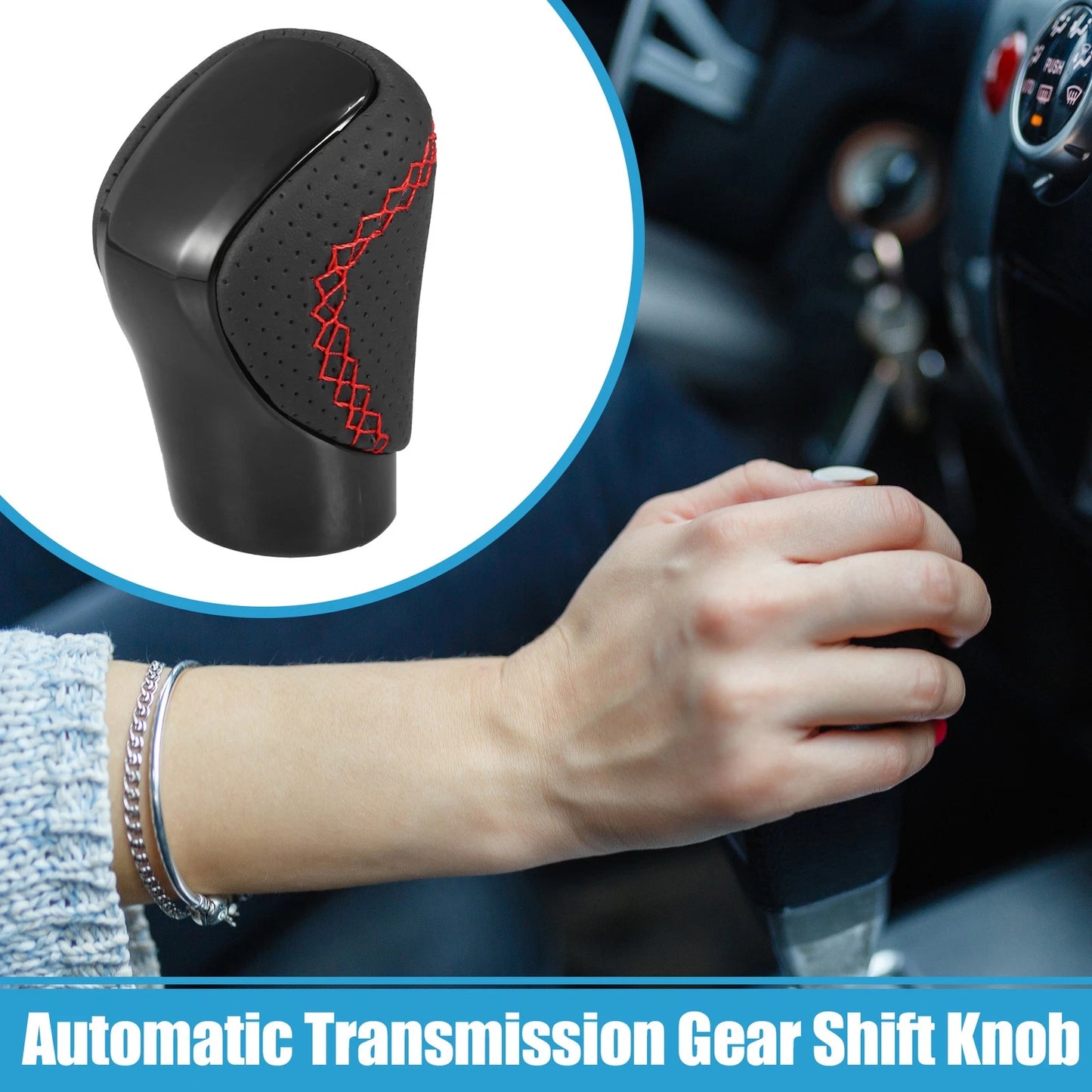 Gear Shift Knob for Lexus (Black Faux Leather, Red Thread, Perforated)