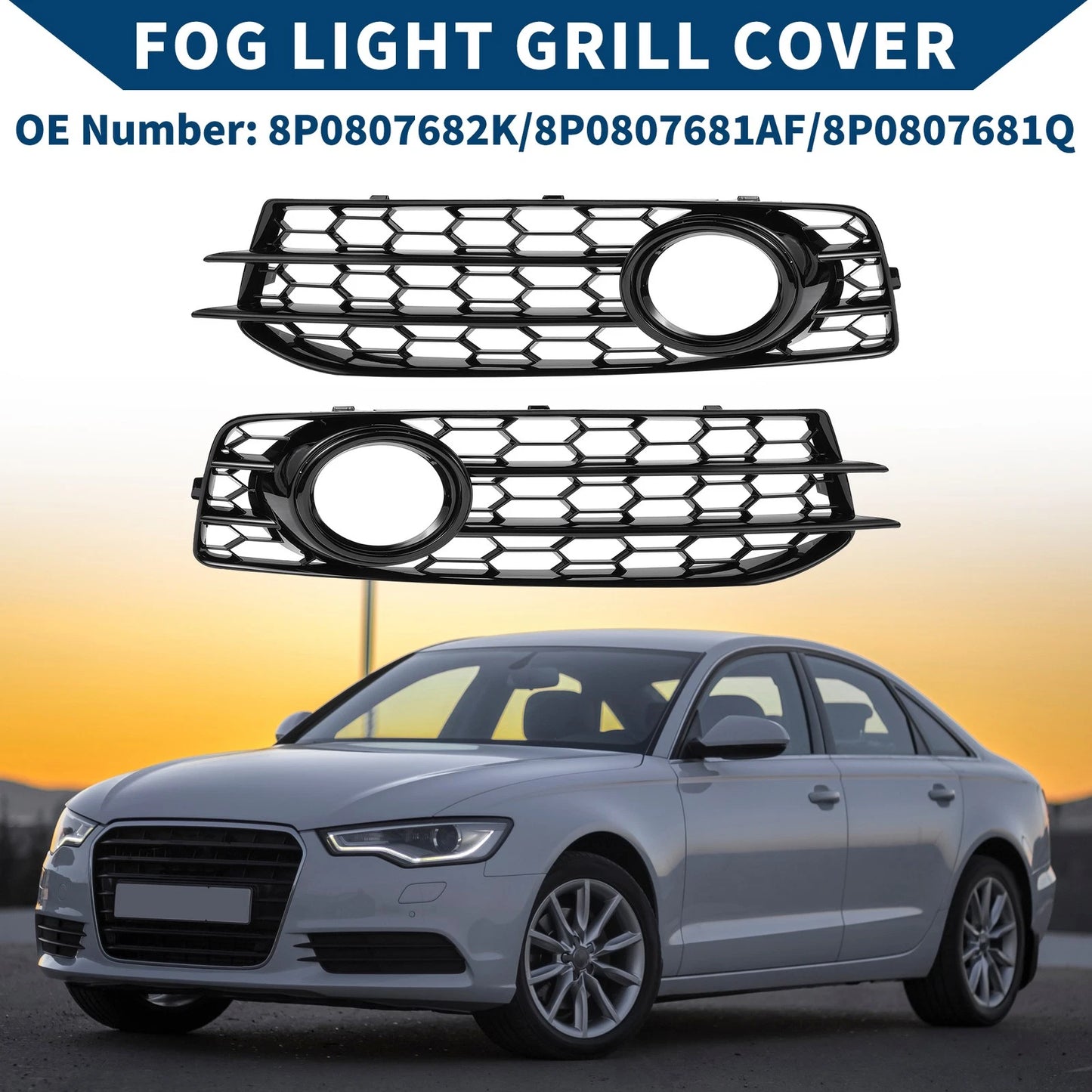 1 Pair Front Fog Light Grill for Audi A3 (2003–2012) No. 8P0807682K/8P0807681AF Black