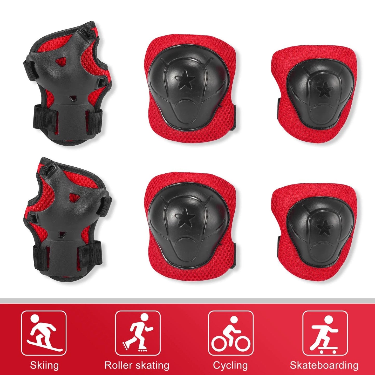 6 Pcs Skateboard Protective Pads for Elbow Knee Support (Red Black)