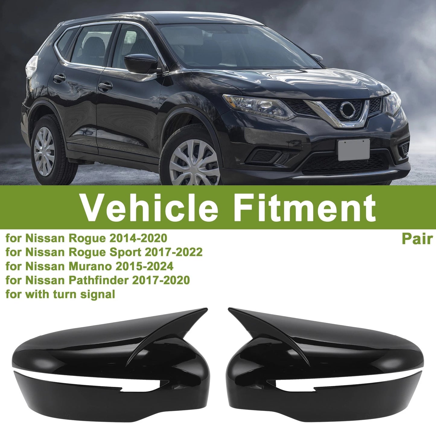 1 Pair ABS Mirror Cover Cap Gloss Black for Nissan Rogue (2014–2020)