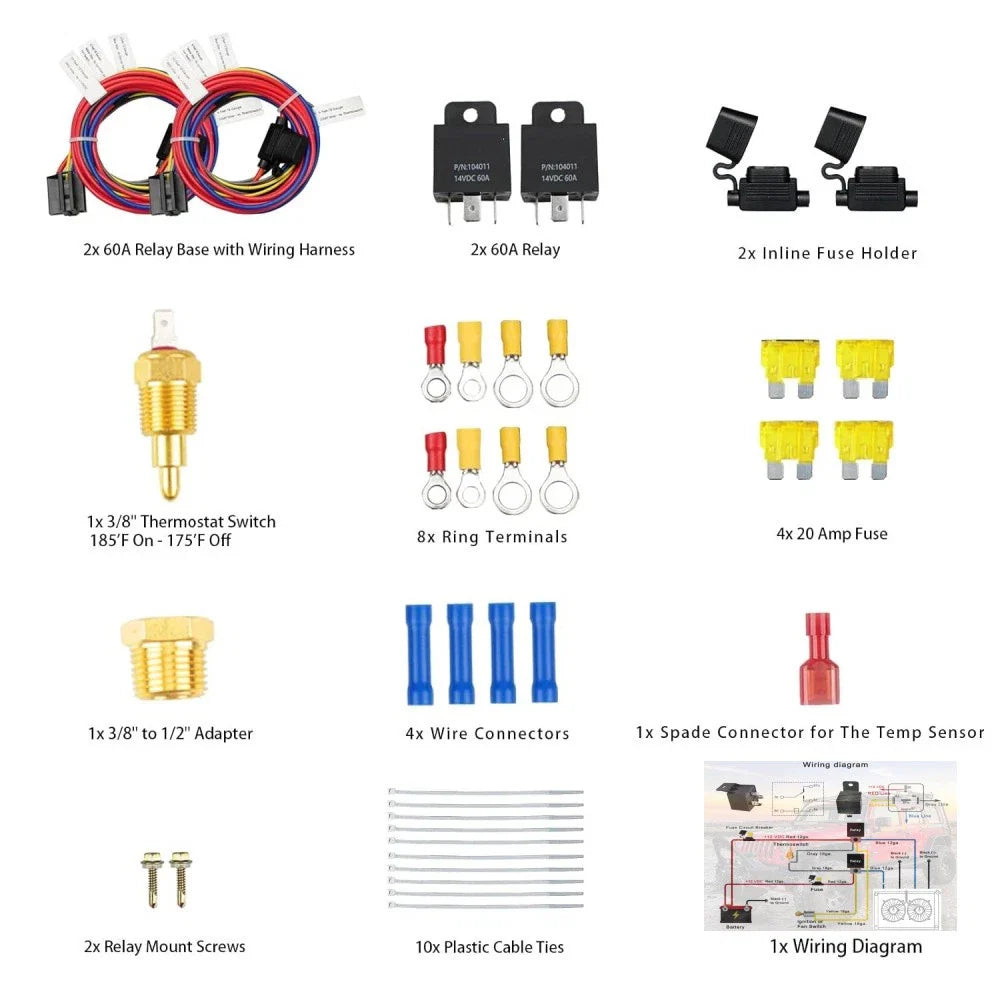 Dual Electric Fan Relay Kit for Radiator - Temperature Sensor Switch (N/A)
