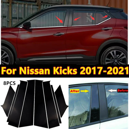 8x Black Window Pillar Posts Set Cover Door Trim For Nissan Kicks (2017–2021)